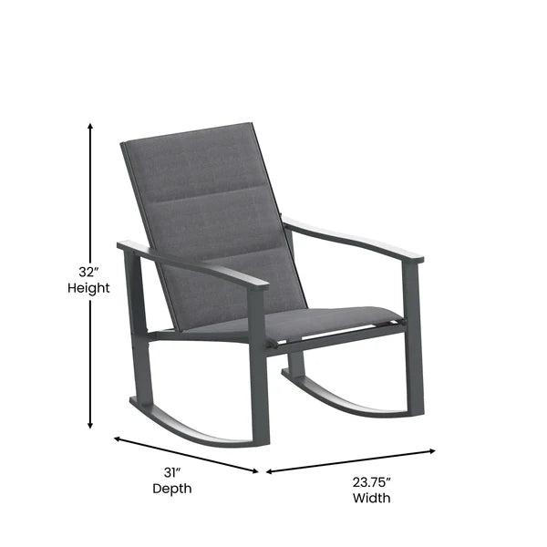 3 Piece Outdoor Rocking Chair Bistro Set with Flex Comfort Material and Metal Framed Glass Top Table