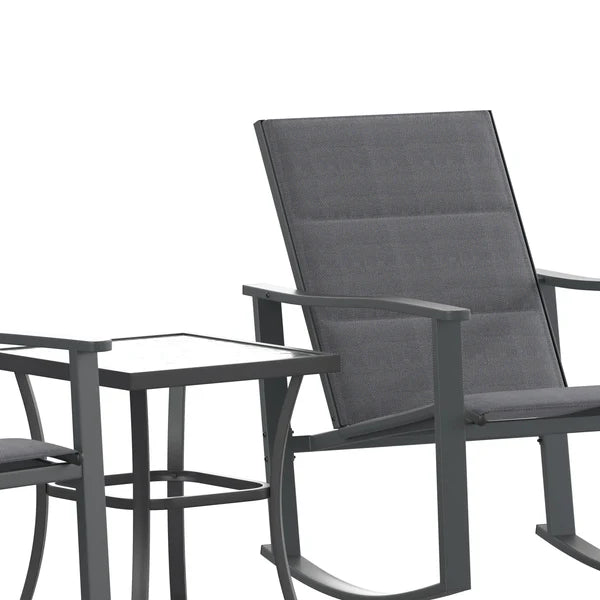 3 Piece Outdoor Rocking Chair Bistro Set with Flex Comfort Material and Metal Framed Glass Top Table