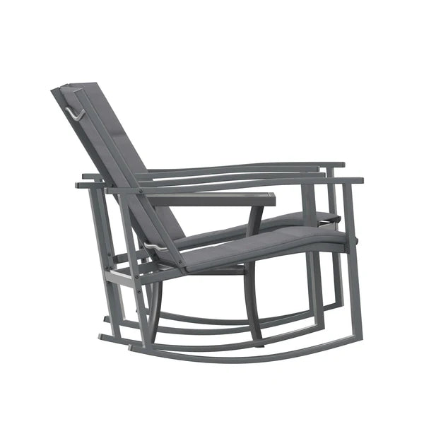 3 Piece Outdoor Rocking Chair Bistro Set with Flex Comfort Material and Metal Framed Glass Top Table