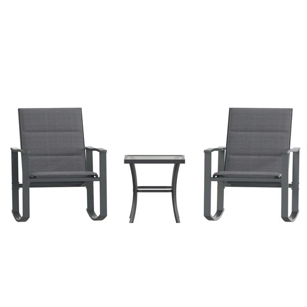 3 Piece Outdoor Rocking Chair Bistro Set with Flex Comfort Material and Metal Framed Glass Top Table