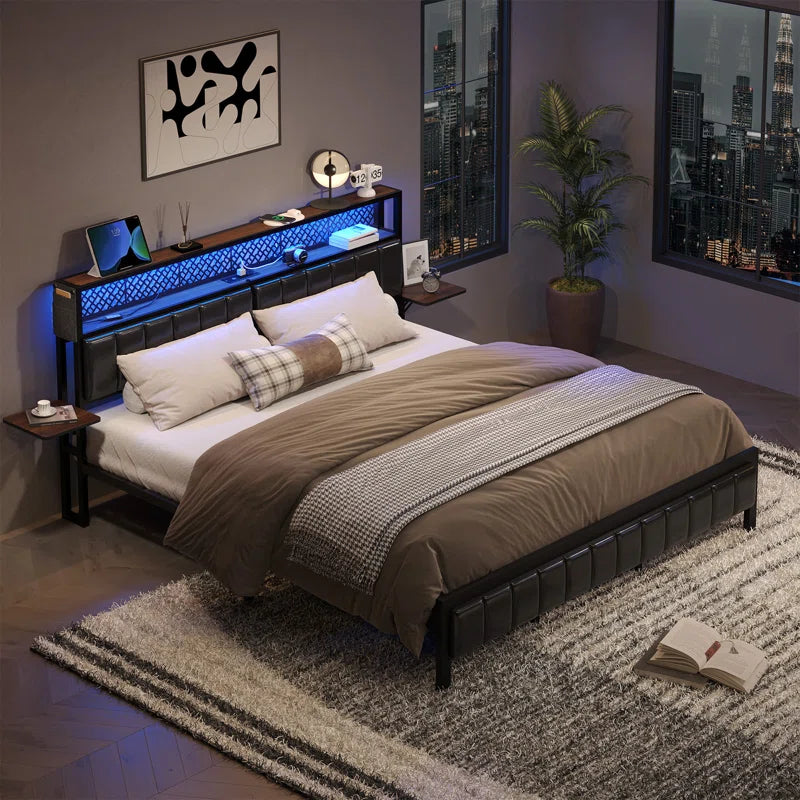 Brisna Bed Frame Upholstered Headboard Bed with Storage LED and Charge Station - King