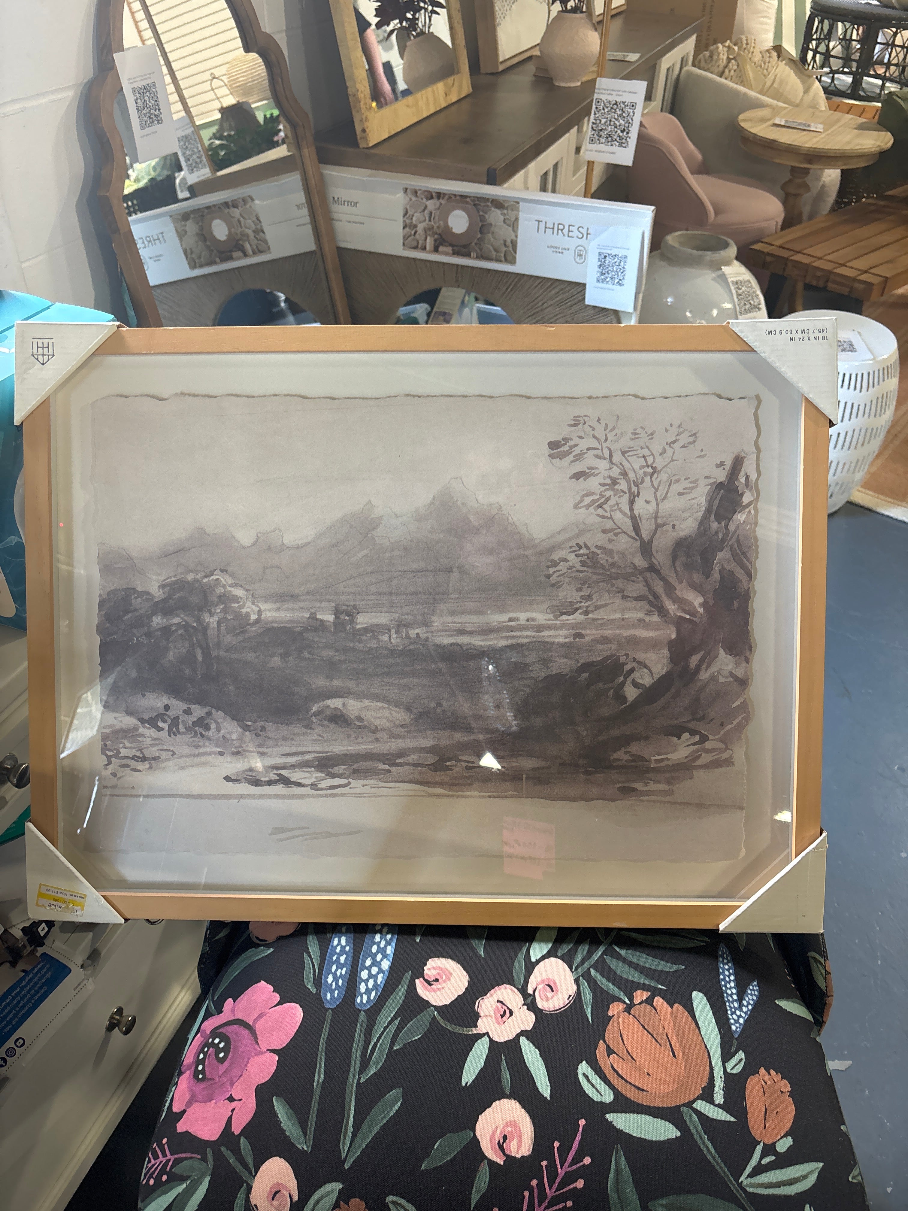 18x24 River Landscape  Sketch Framed Wall Art SHOWROOM ITEM