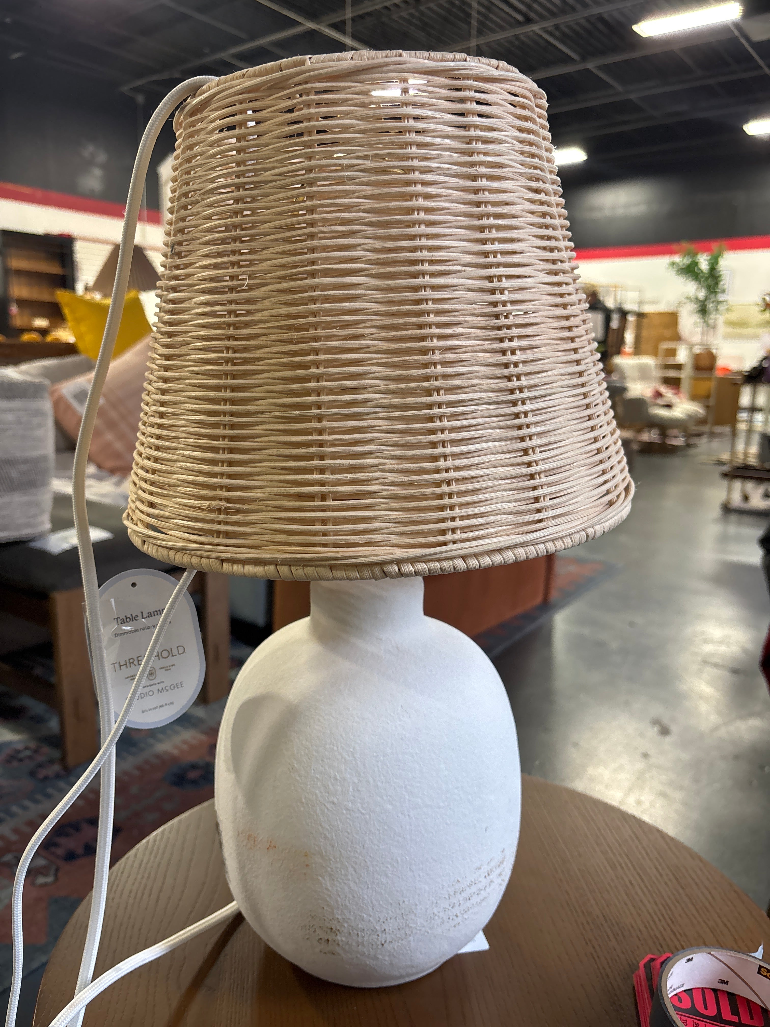 18.5"x11" Ceramic Table Lamp with Rattan Shade White SHOWROOM ITEM