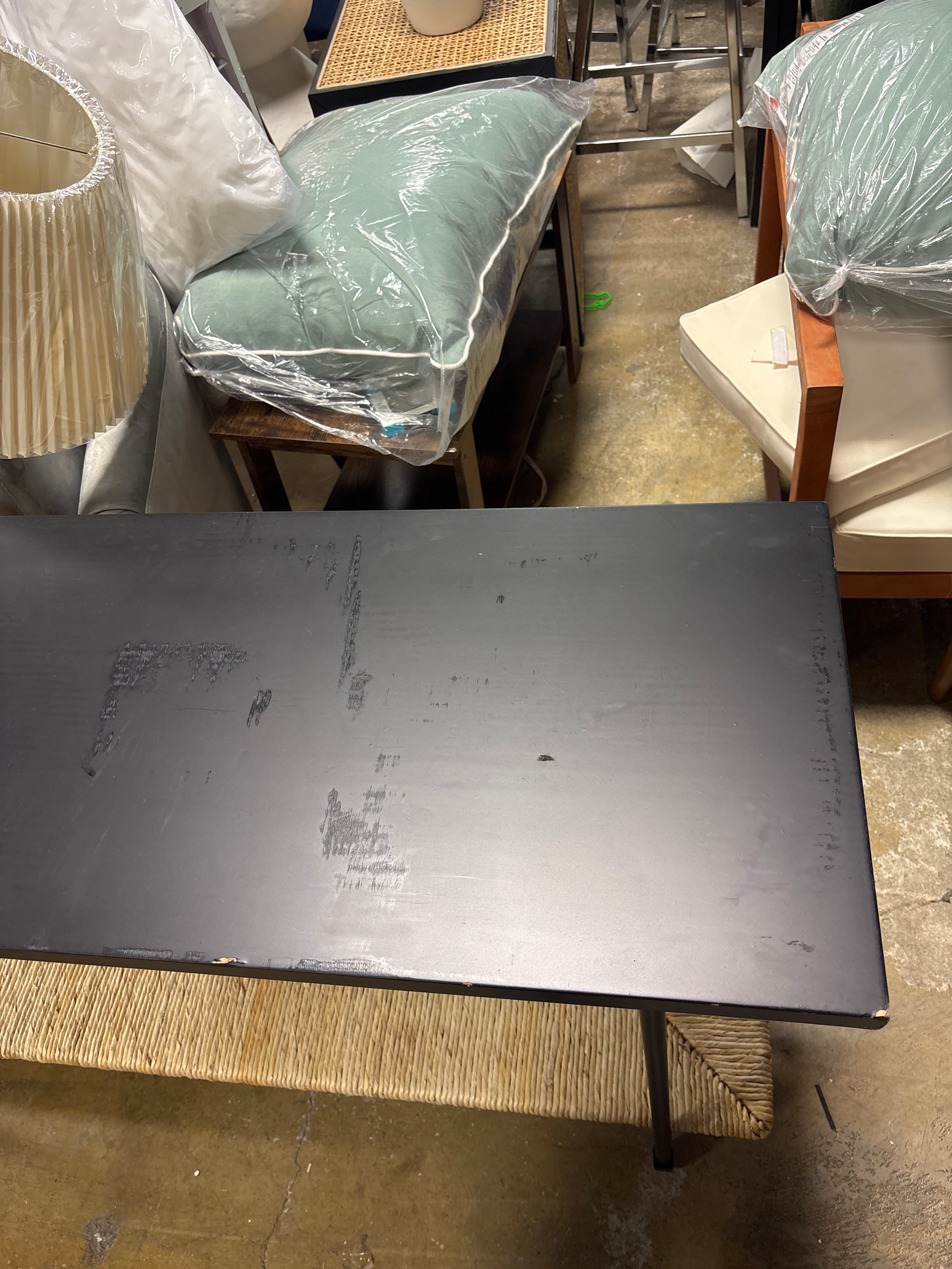 Metal and Rush Weave Top Console Table - Black SHOWROOM ITEM