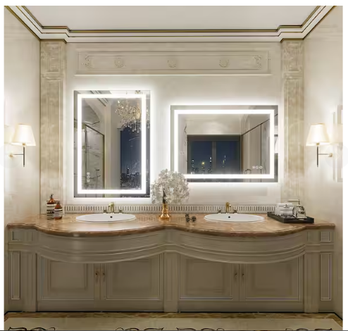 Rectangular Frameless Front & Back LED Lighted Anti-Fog Tempered Glass Wall Bathroom Vanity Mirror