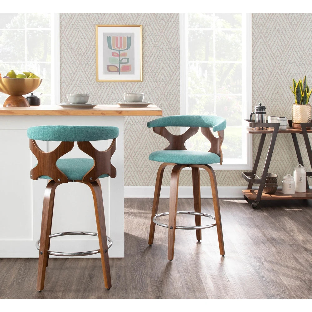 Viby Fixed-Height Counter Stool with Bent Wood Legs & Round Footrest 1 Piece - Teal Fabric/Walnut