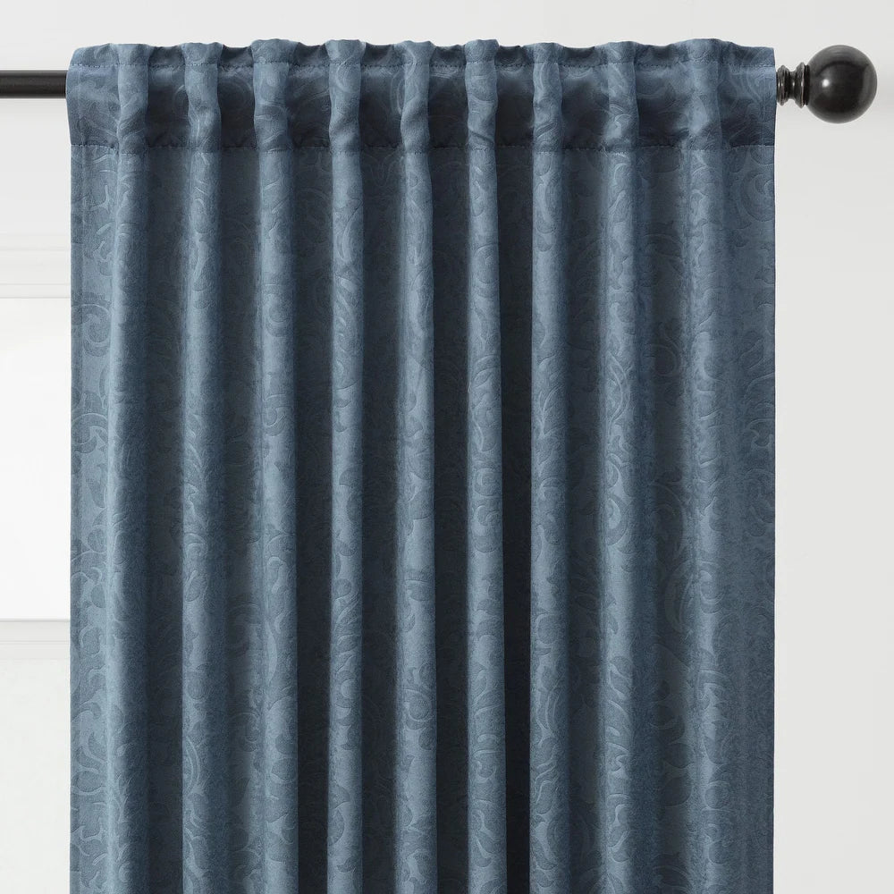 Embossed Damask Room Darkening Window Curtain Panel Pair (Set of 2) - Blue