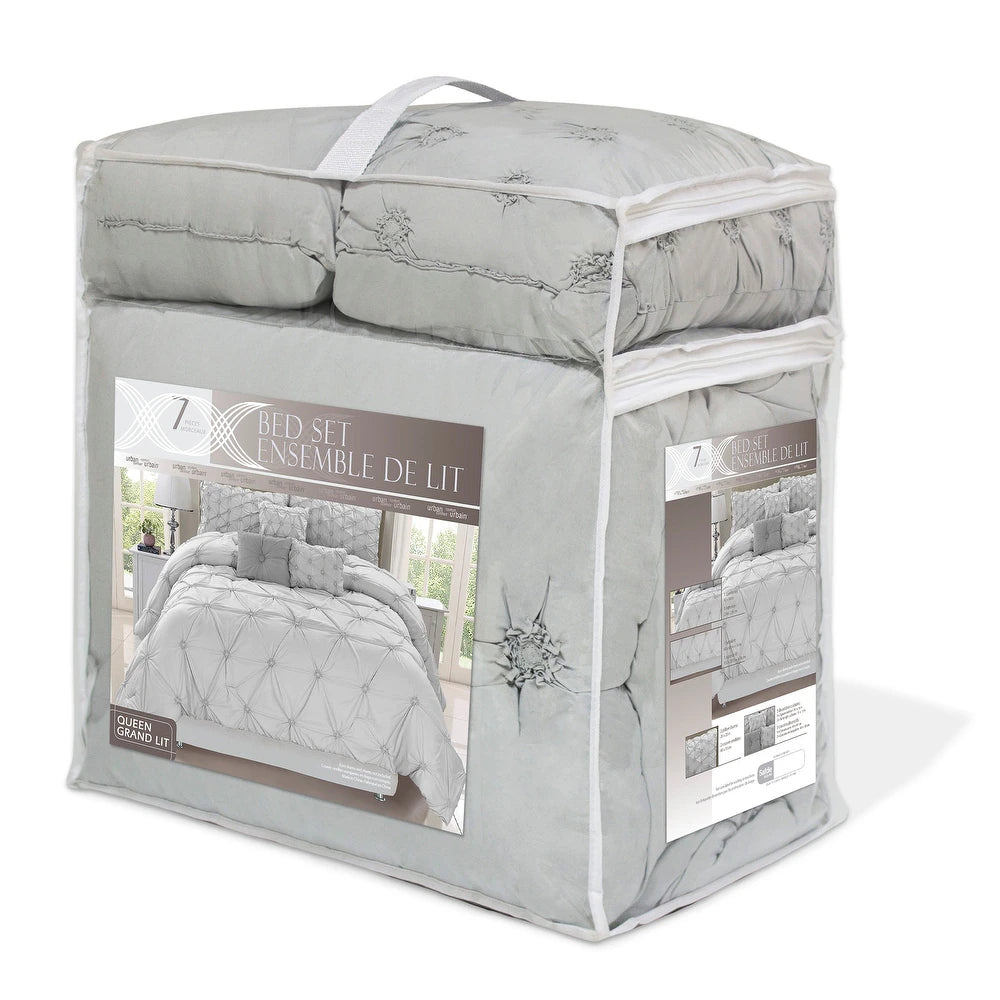 7-piece Elegant Pleated Designer Comforter Set - Grey - Queen