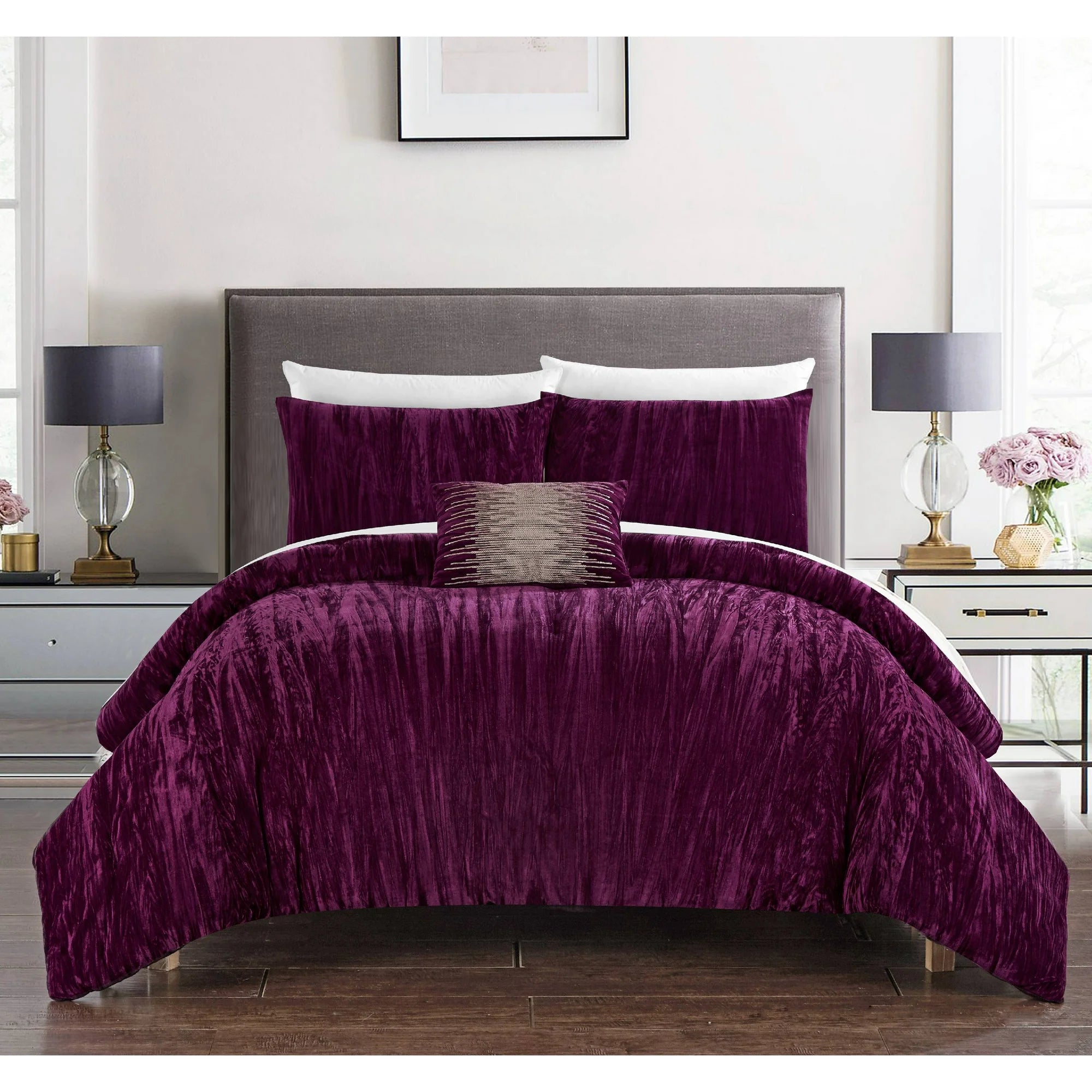 Chic Home Kerk 3-Piece Crinkle Crushed Velvet Bed in a Bag Comforter Set, King, Plum