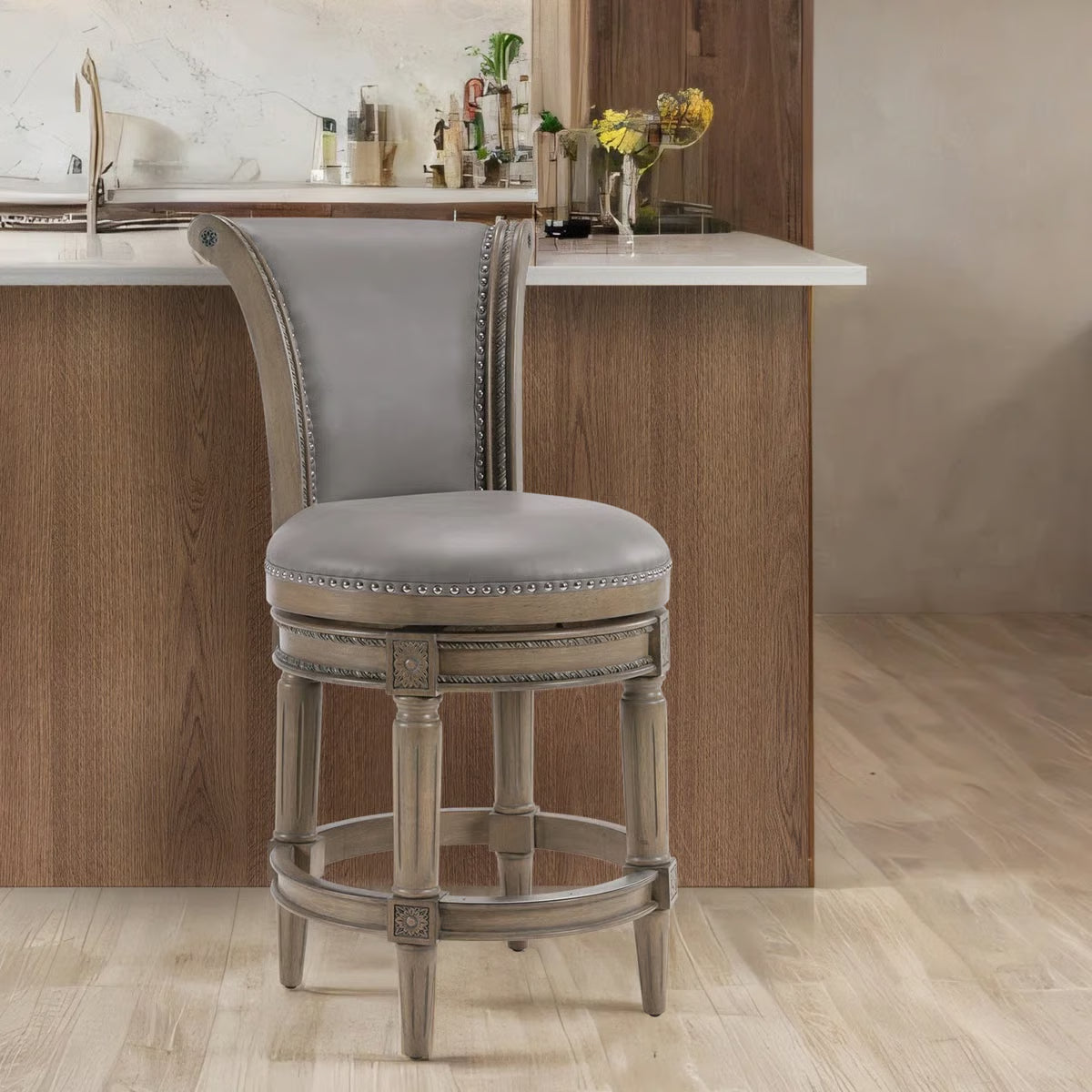 Classic Upholstered Bar Stools With Wooden Frame And Nailhead Trim