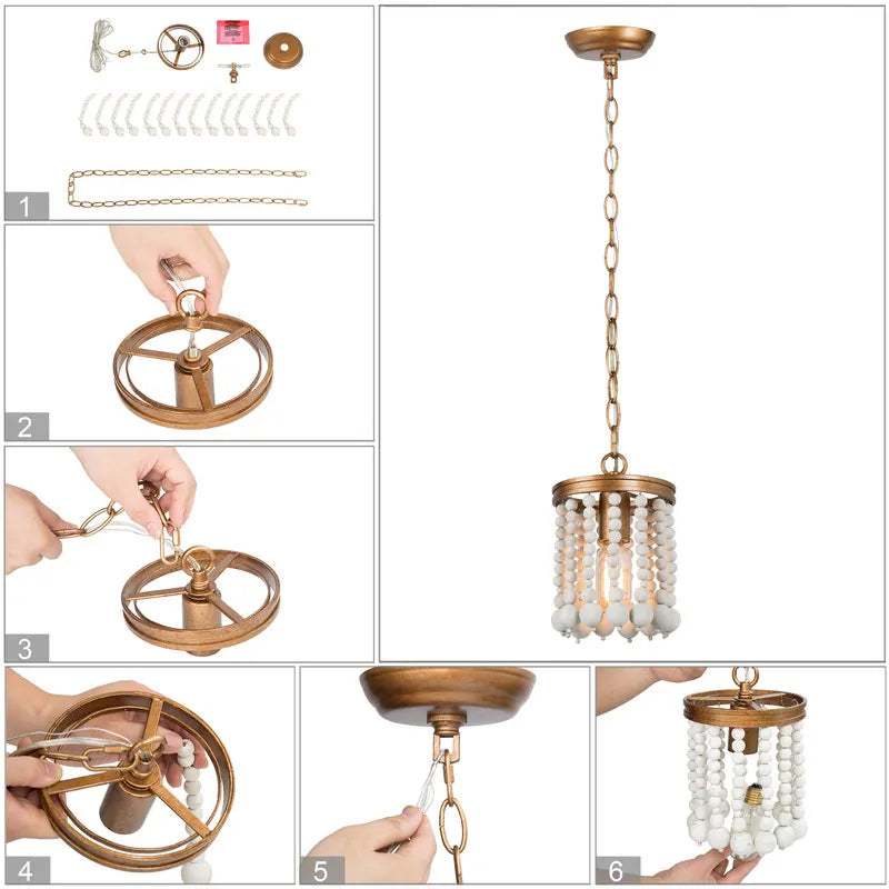 Coasa Boho Glam Mini Pendant Lights White Wood Beads Distressed Cylinder Draped Island Light