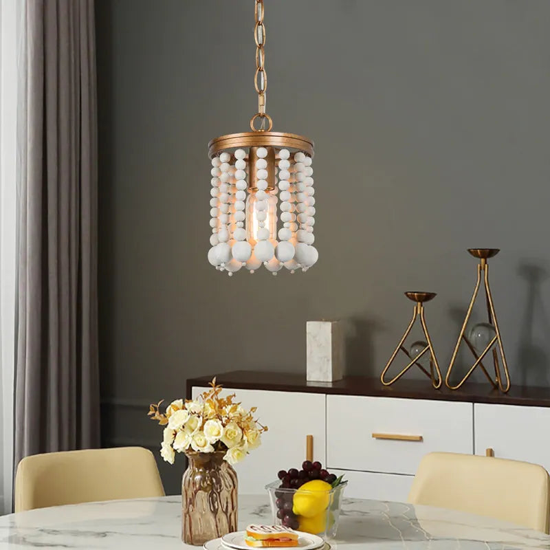 Coasa Boho Glam Mini Pendant Lights White Wood Beads Distressed Cylinder Draped Island Light