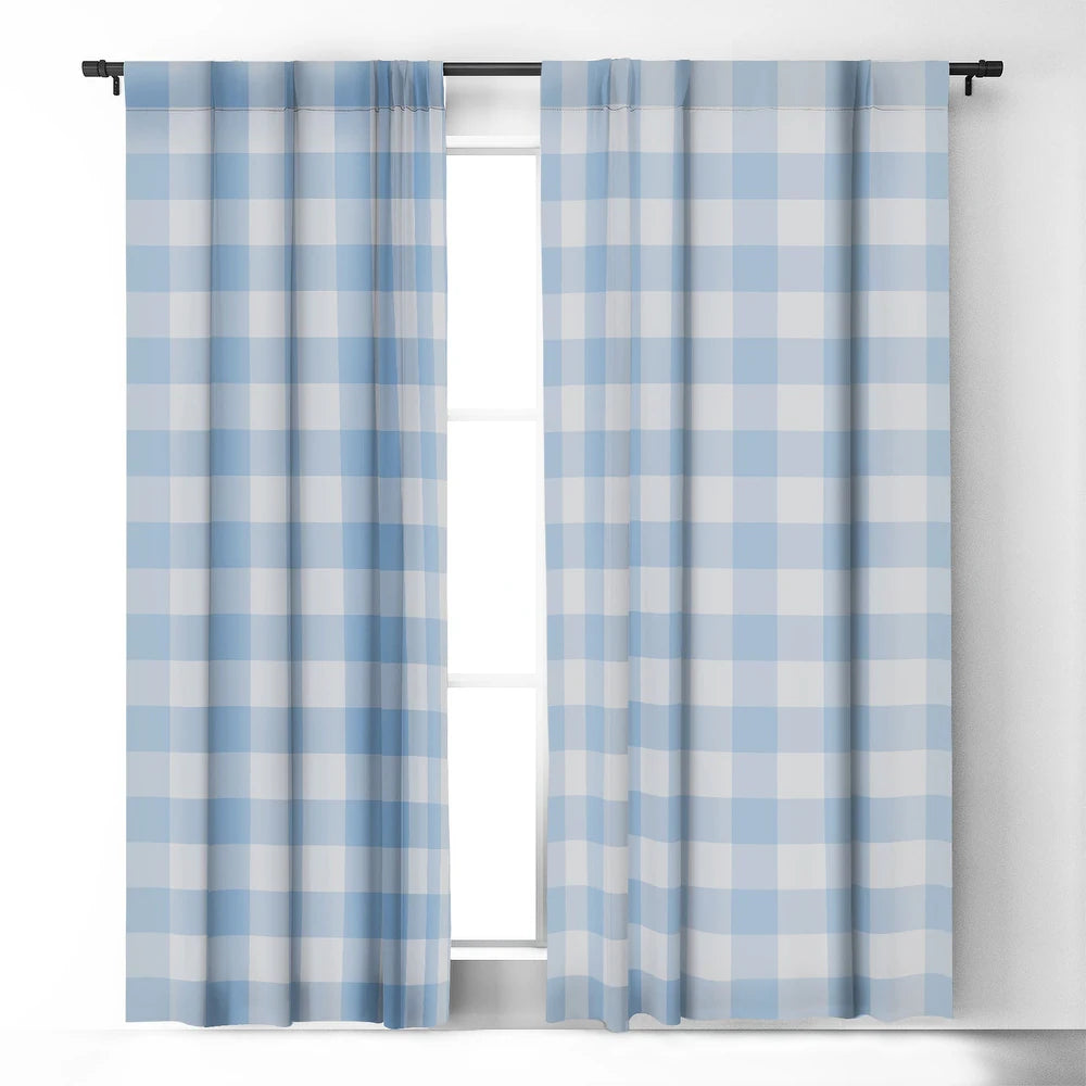 Blackout Gingham Pattern Blue Made-to-Order Curtain Panel - (Set of 2)