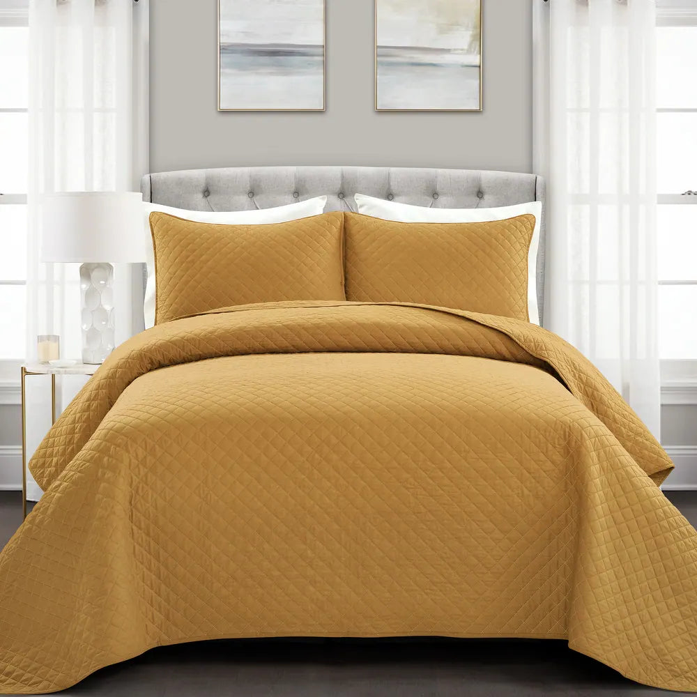 Balm Diamond Oversized Cotton 3-piece Quilt Set - Mustard - King - Cal King