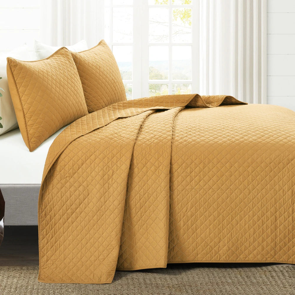 Balm Diamond Oversized Cotton 3-piece Quilt Set - Mustard - King - Cal King
