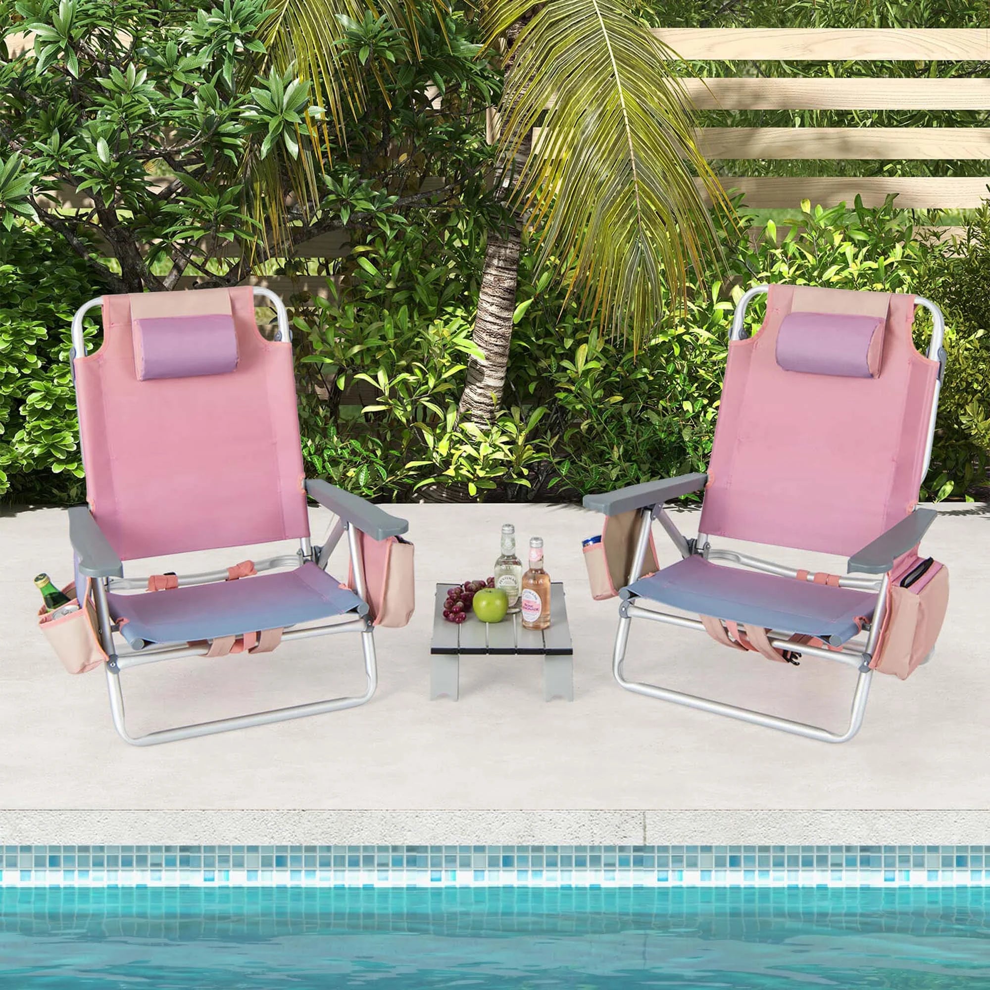 2-Pack Folding Backpack Beach Chair Table Set 5-Position Outdoor Reclining Chair Pink