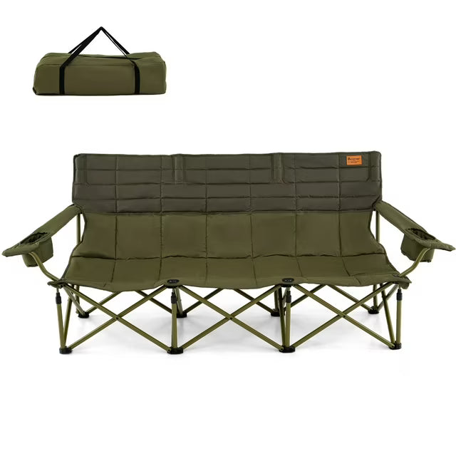 3 Person Foldable Camping Chair with 2 Cup Holders, Green