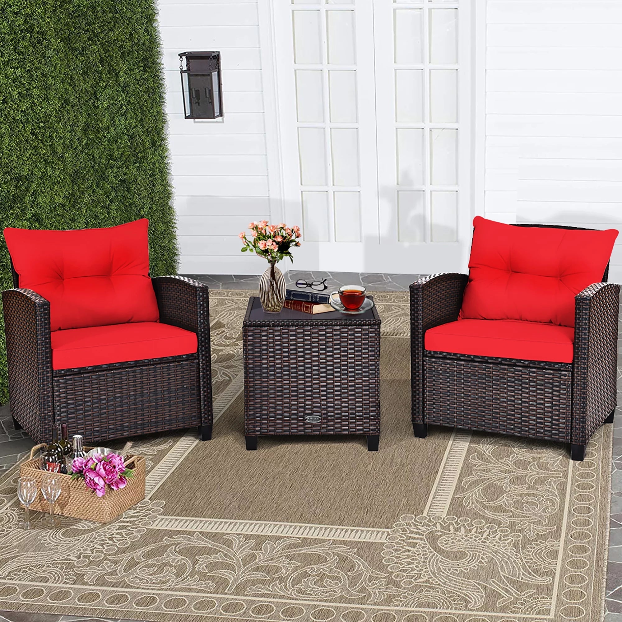 3PCS Patio Rattan Furniture Set Cushioned Conversation Set Sofa Coffee Table Red