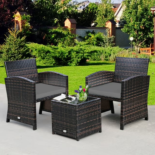 3-Piece Wicker Patio Conversation Set with Gray Cushions Sofa Coffee Table