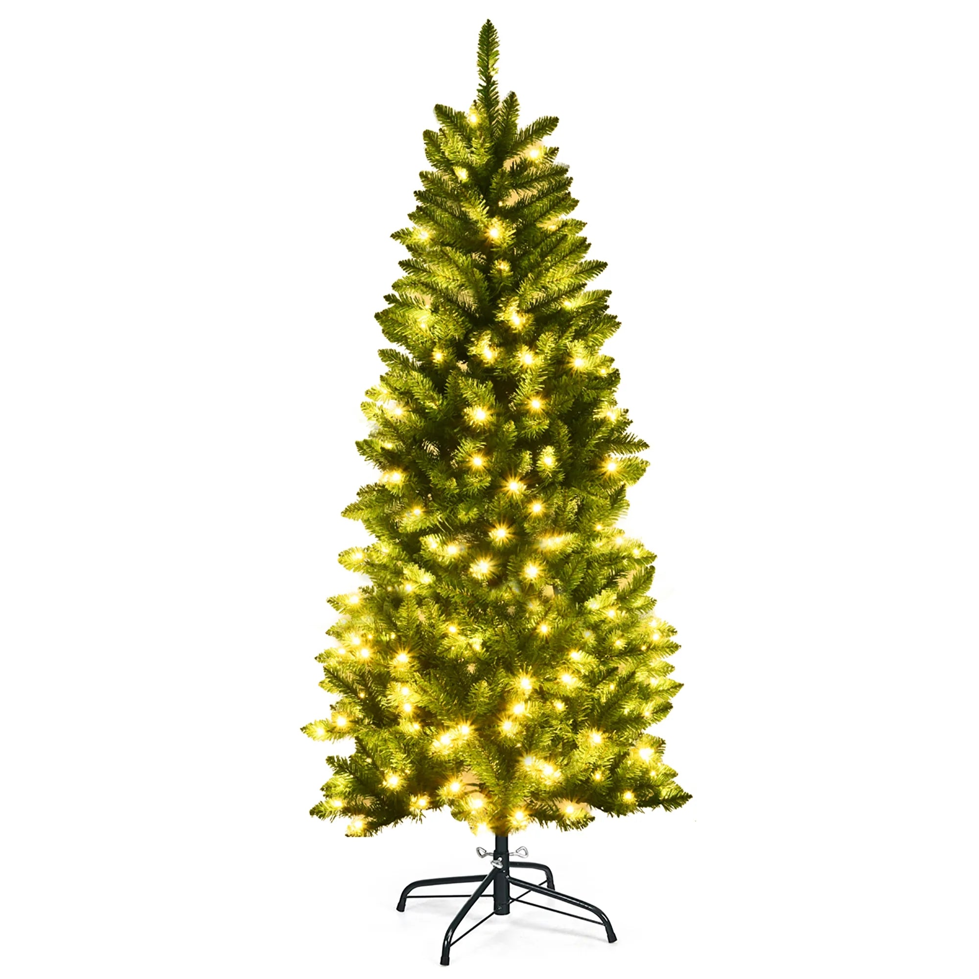 Pre-lit Artificial Pencil Christmas Tree Hinged Fir PVC Tree with 150 LED Lights