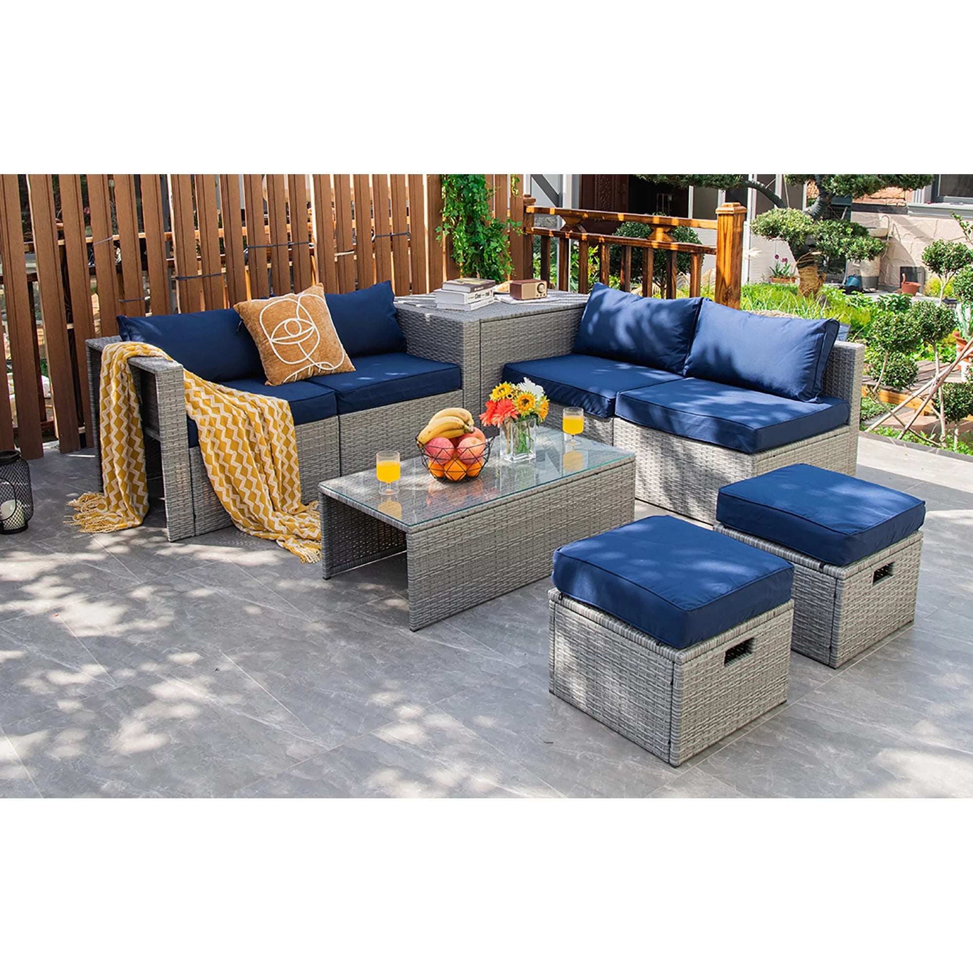 8 Piece Patio Rattan Furniture Set Storage Waterproof Cover Navy Cushion