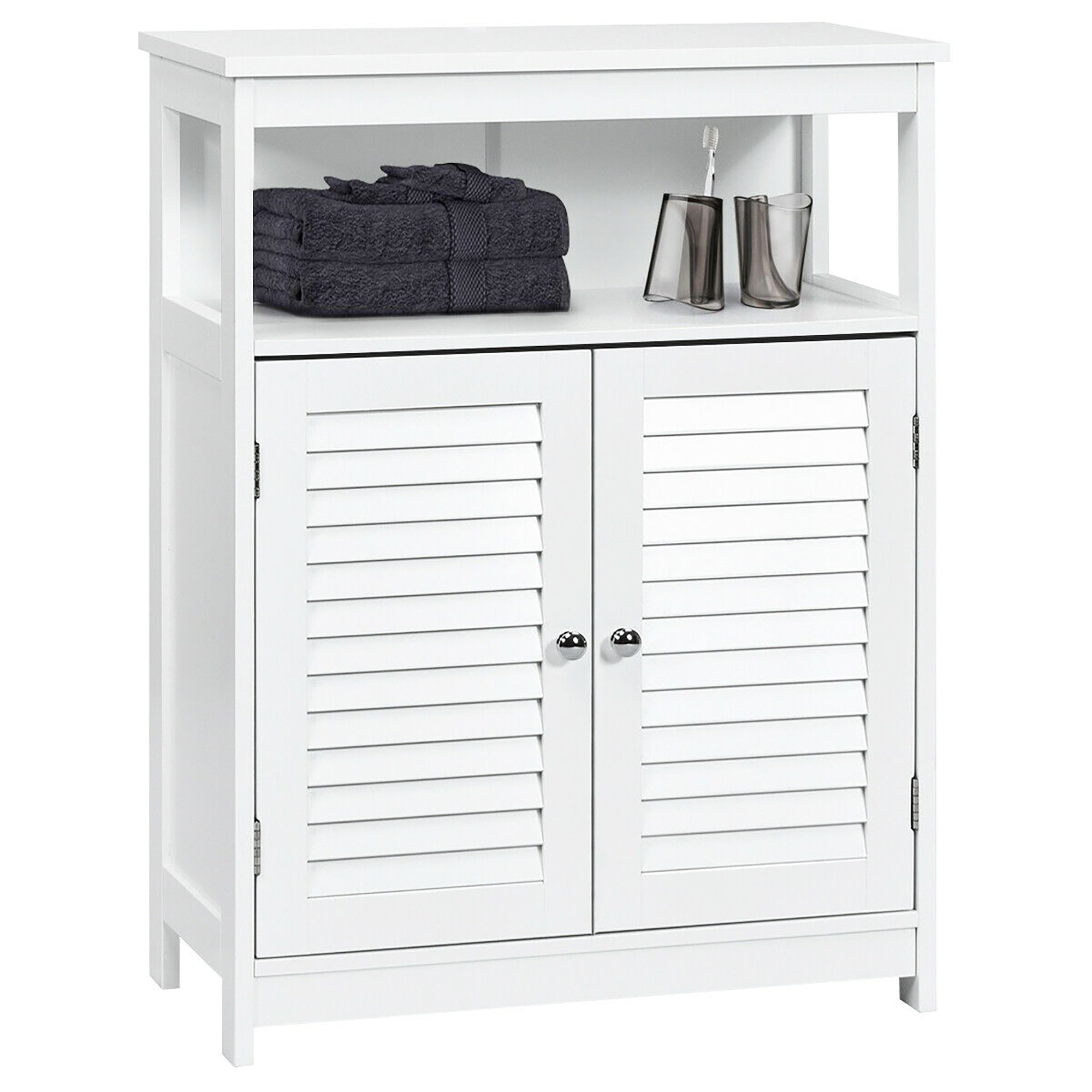 Bathroom Storage Wood Floor Cabinet with Double Shutter Door White