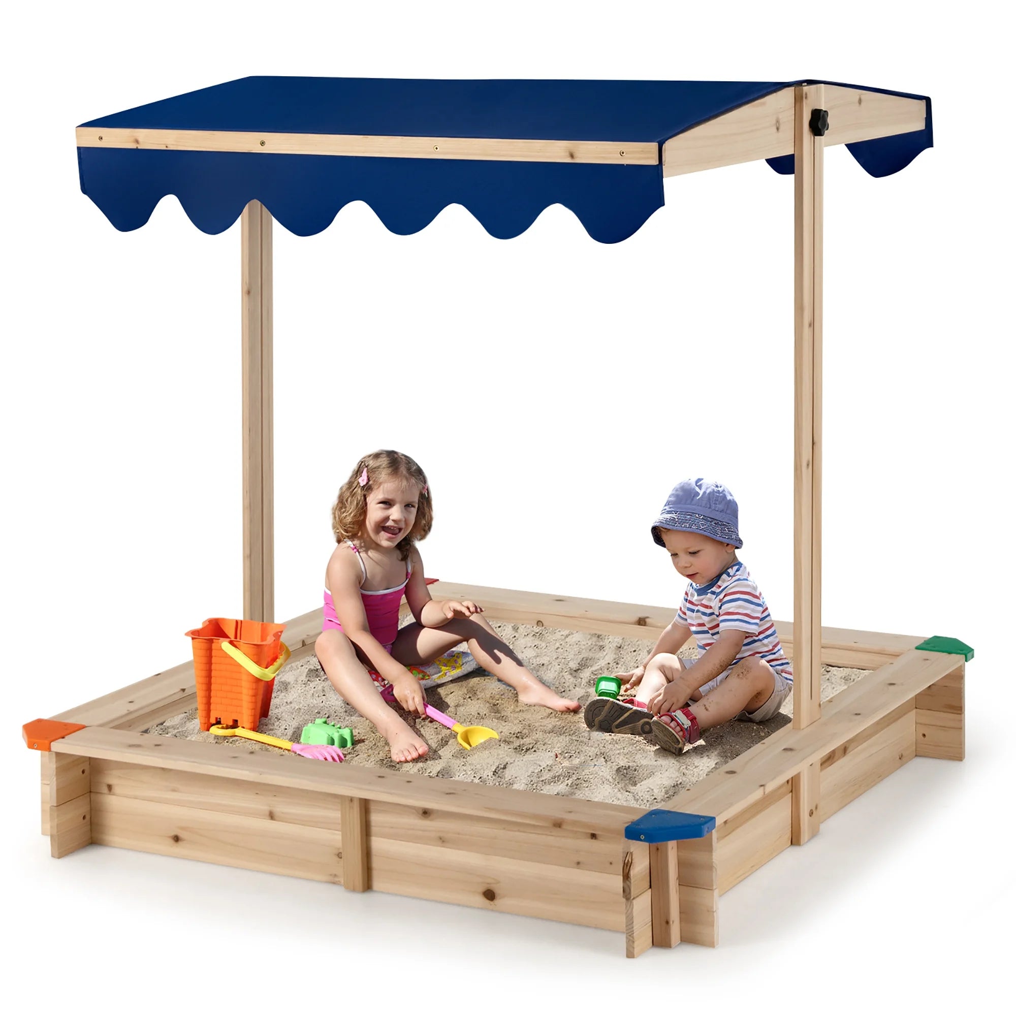 Kids Wooden Sandbox with Height Adjustable & Rotatable Canopy Outdoor Playset