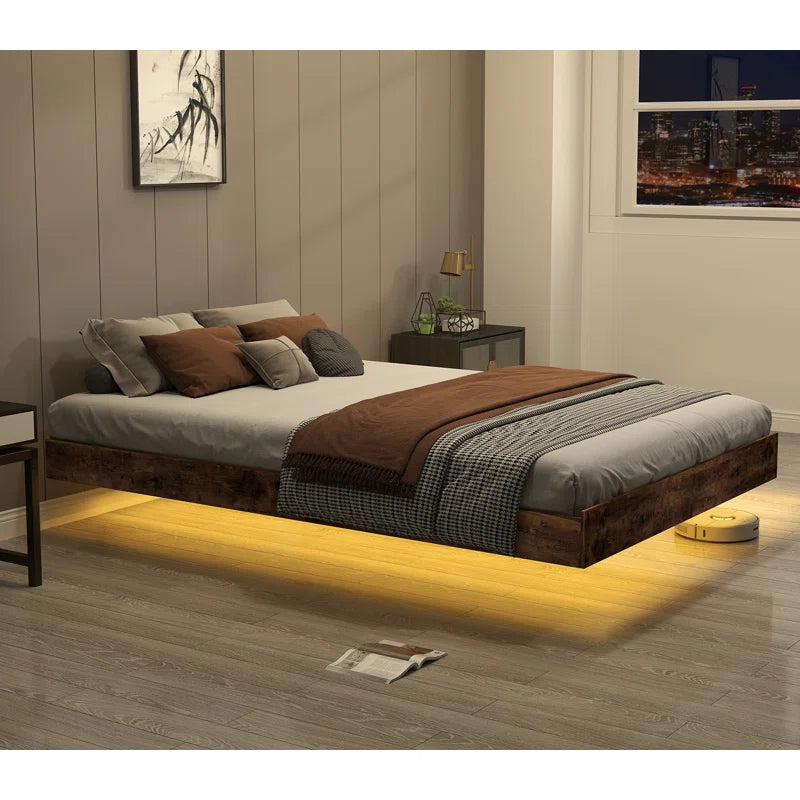 Cowen Floating Bed Frame with LED Lights Metal Slats Underbed Storage Space No Box Spring