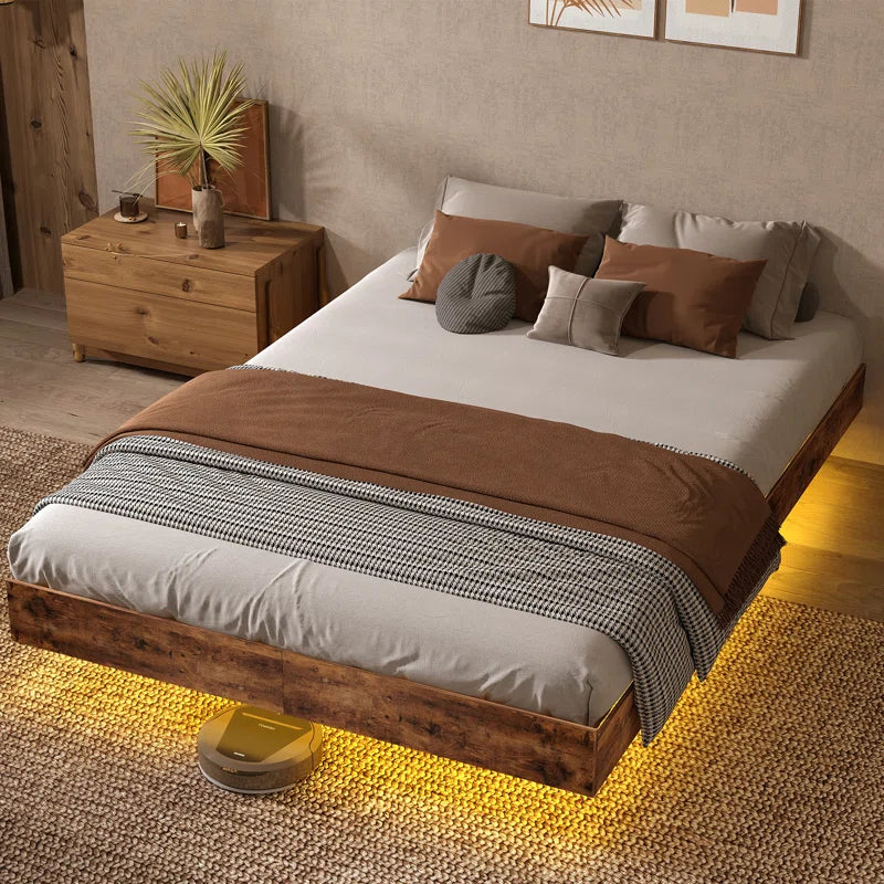 Cowen Floating Bed Frame with LED Lights Metal Slats Underbed Storage Space No Box Spring