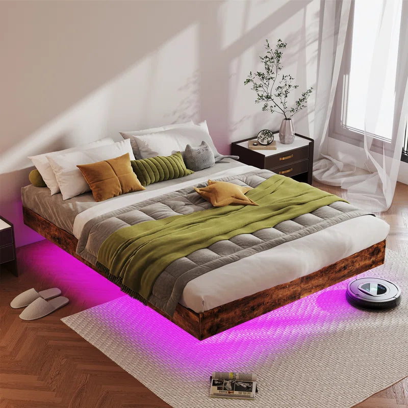 Cowen Floating Bed Frame with LED Lights Metal Slats Underbed Storage Space No Box Spring