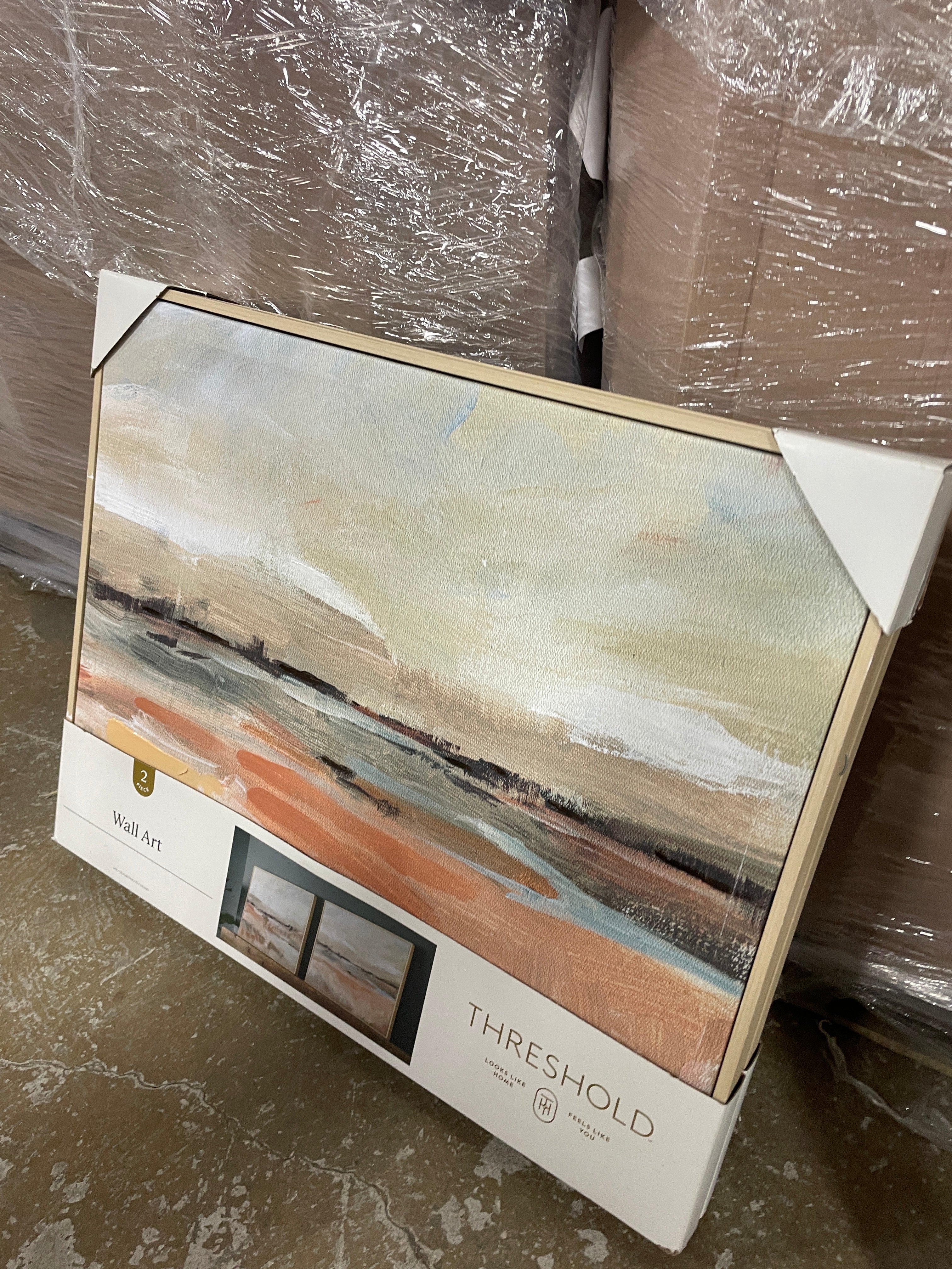 (Set of 2)  Faded Landscape Framed Wall Canvases Natural - Polystyrene Frame, Blockprint Art