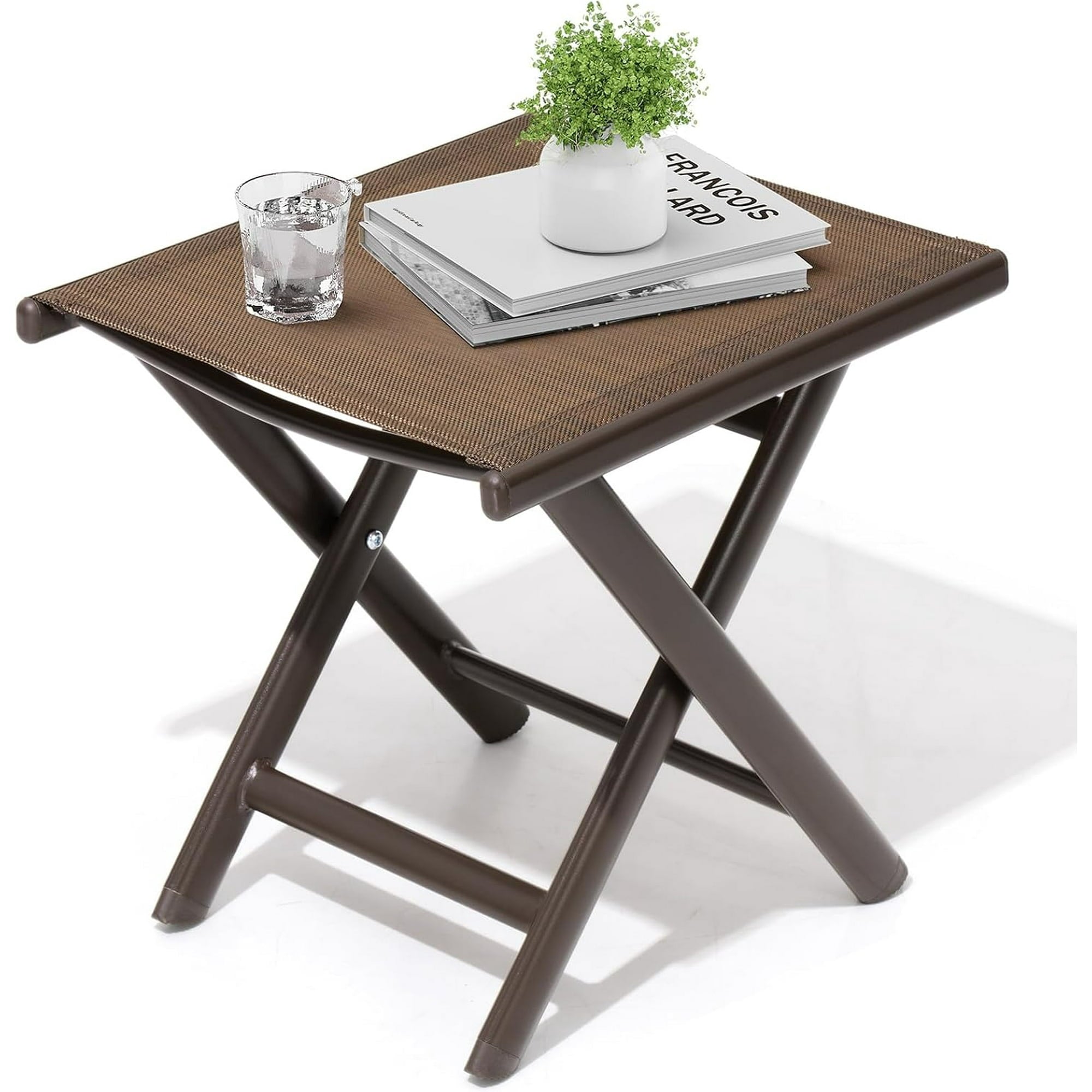 Outdoor Side Table, Aluminum End Table, Folding Side Table with Textilene, Small Patio Coffee Table (1PCS Brown)