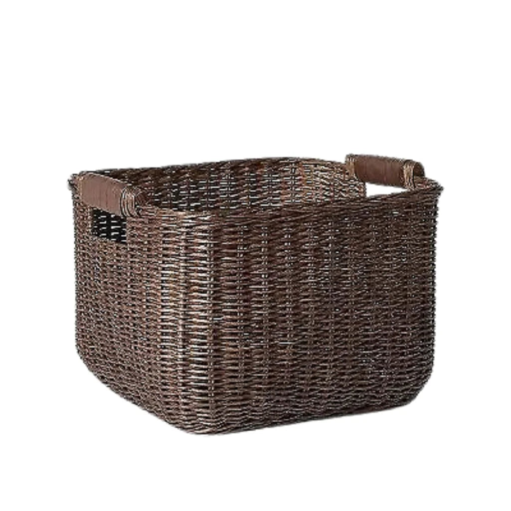 Cube Rattan Decorative Basket with Leather Handles Dark Brown