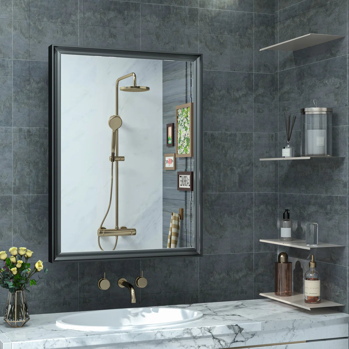 Cyrille Recessed & Surface Framed 1 Door Medicine Cabinet with Mirror and Shelves