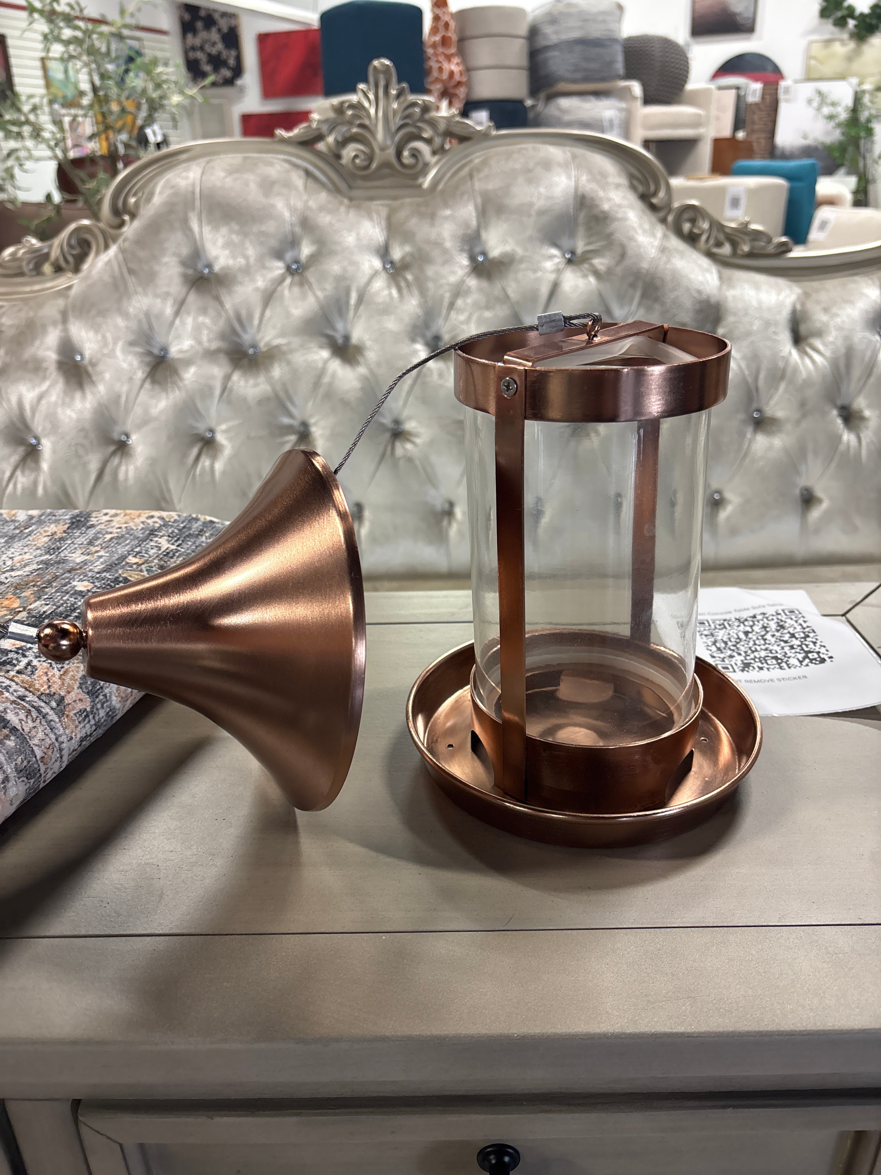 11.4" Metal and Glass Suet Bird Feeder  - Copper SHOWROOM ITEM