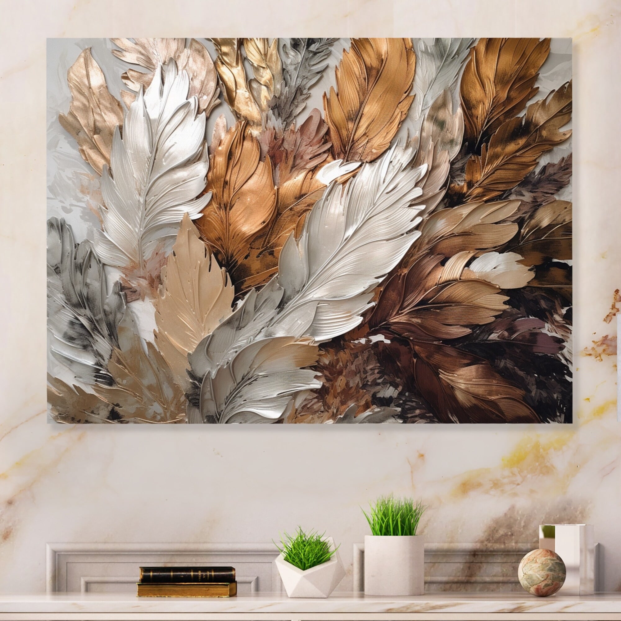 "Feather Extravaganza Gold IV" Glam Feather Metal Wall Art