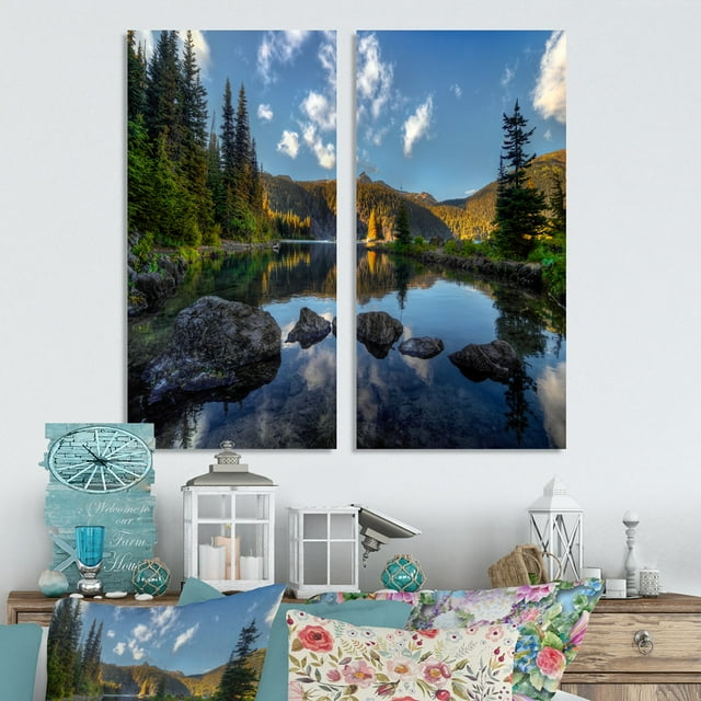 "Mountain Lake Surrounded by Trees" Landscape Canvas Wall Art Print 2 Piece Set