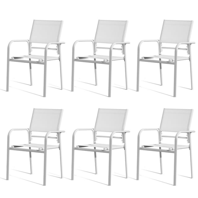 Set of 6 Outdoor Patio Chairs, Aluminum Dining Chair with Armest and Adjustable Feet for Outdoor Garden, Backyard, White