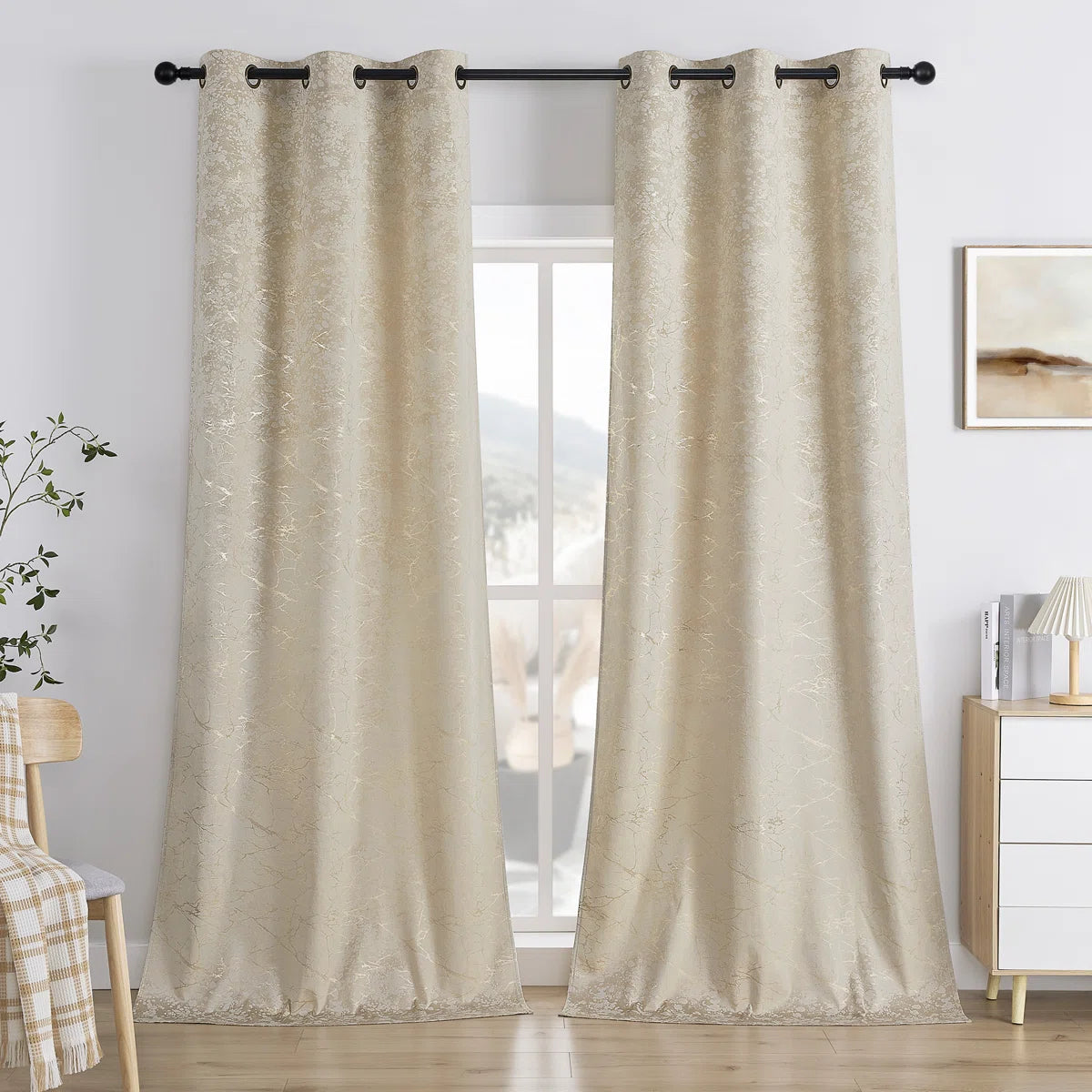 Deavion Velvet Curtains Metal Grommets Room Darkening with Gold Foil Print 2 Panel Set