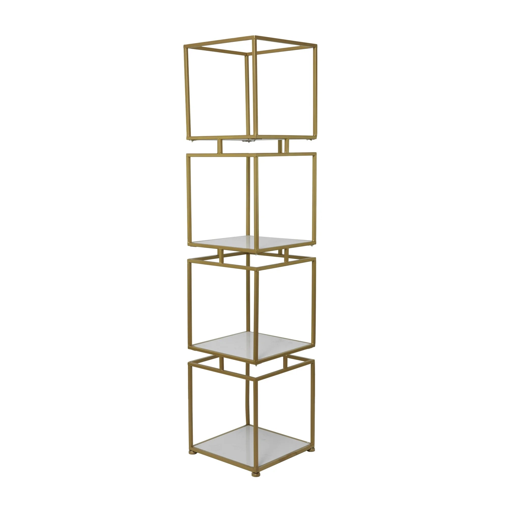 DecMode 14" x 62" Gold Metal Cube 4-Tier Shelving Unit with 4 Marble Shelves SHOWROOM ITEM