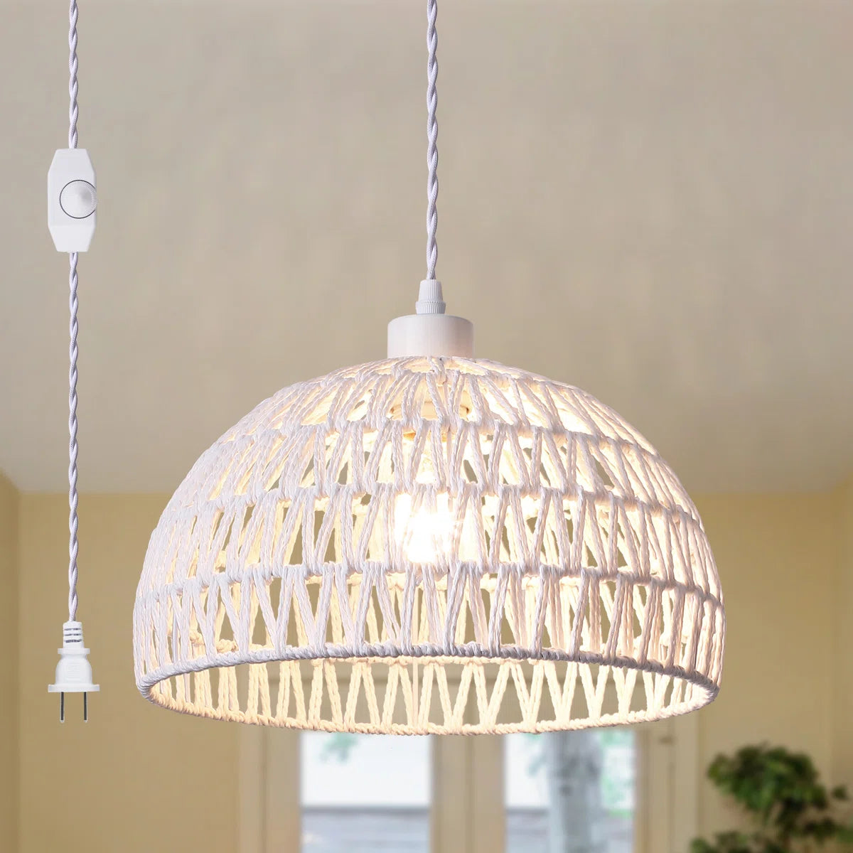 Derica 1 - Light Plug-In Woven Rattan Dome Pendant with Rope Accents Boho Style