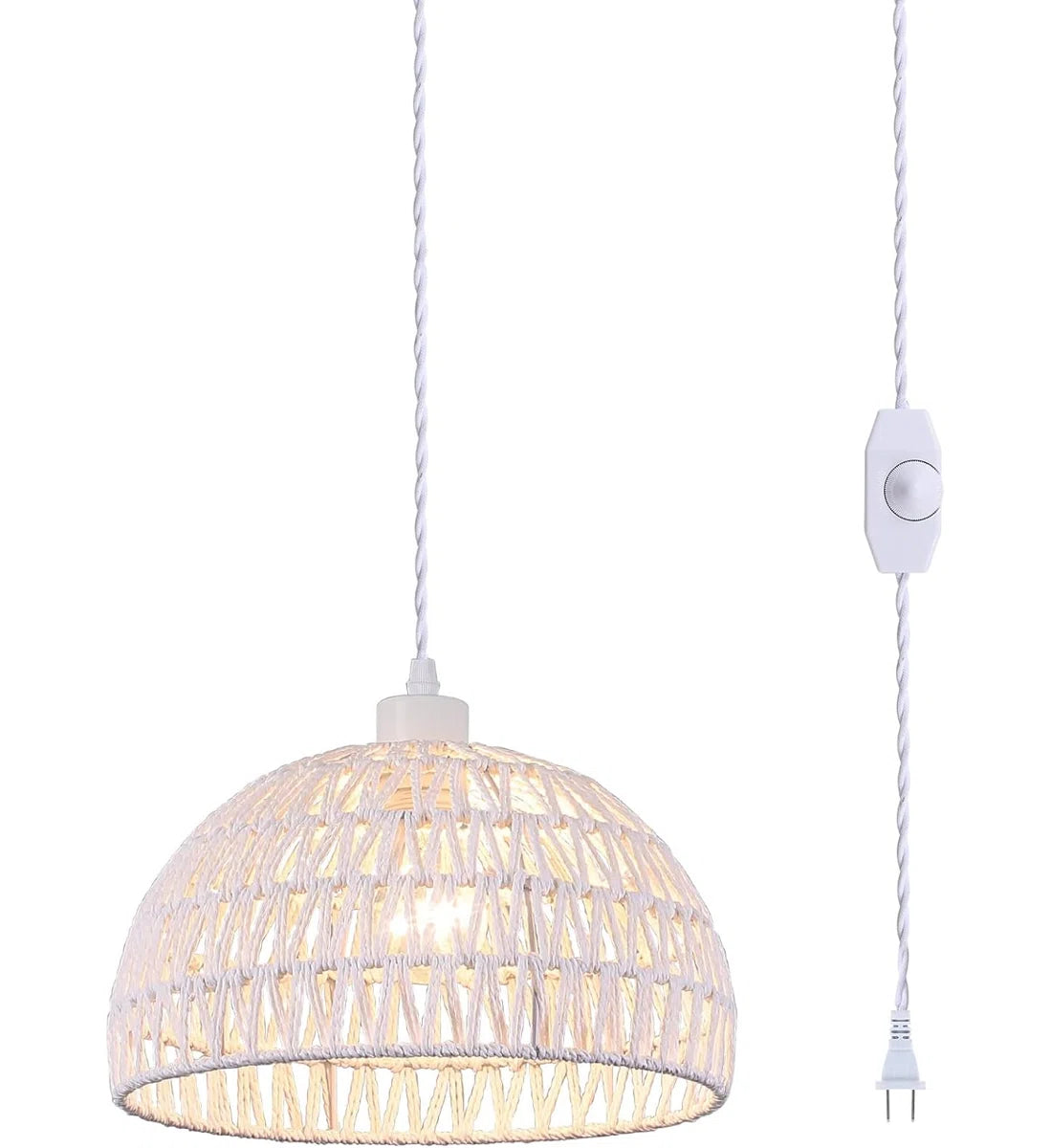 Derica 1 - Light Plug-In Woven Rattan Dome Pendant with Rope Accents Boho Style