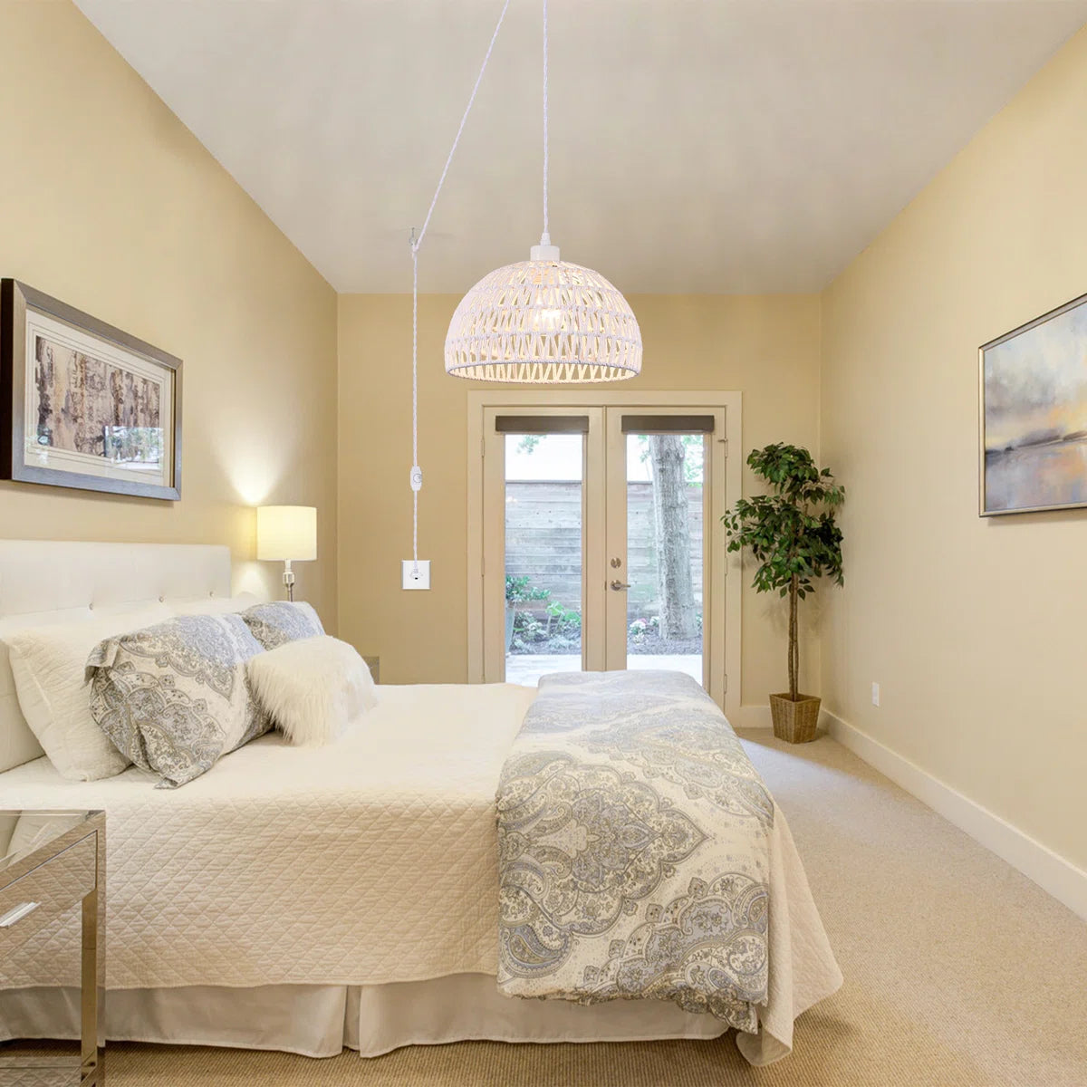 Derica 1 - Light Plug-In Woven Rattan Dome Pendant with Rope Accents Boho Style