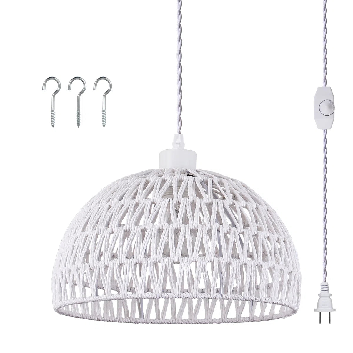 Derica 1 - Light Plug-In Woven Rattan Dome Pendant with Rope Accents Boho Style