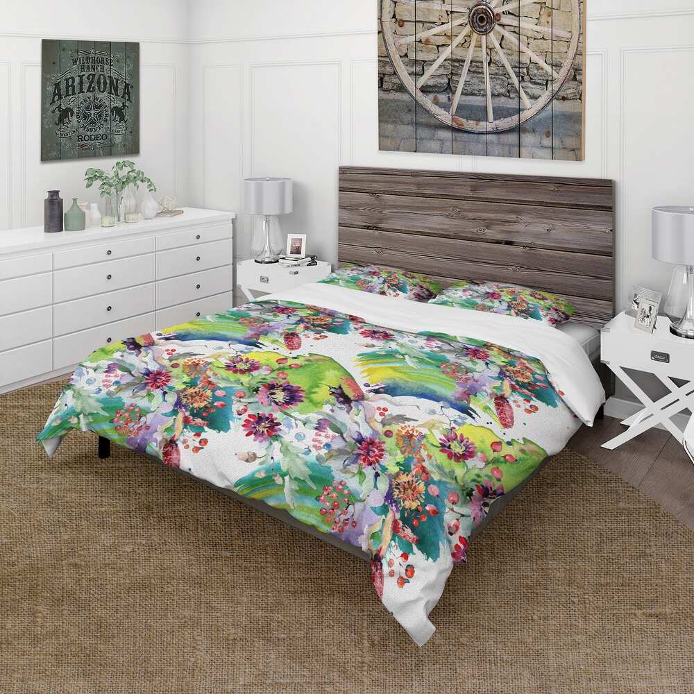 'Vibrant Wild Spring Leaves and Wildflowers X' Modern Duvet Cover Set - Full - Queen
