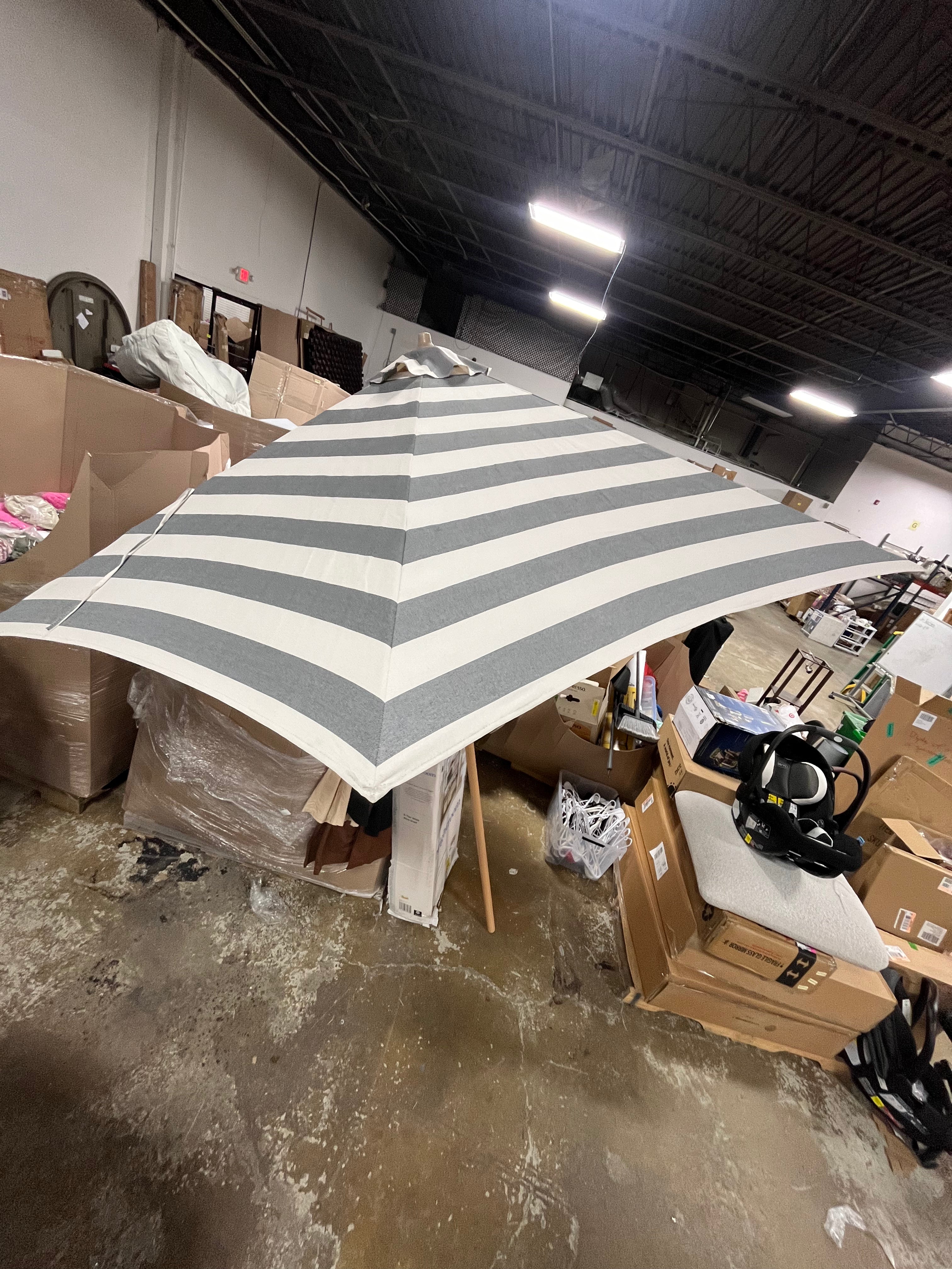 Wood Market Patio Umbrella in Soft Black and Ivory Stripe Solution Dyed Polyester