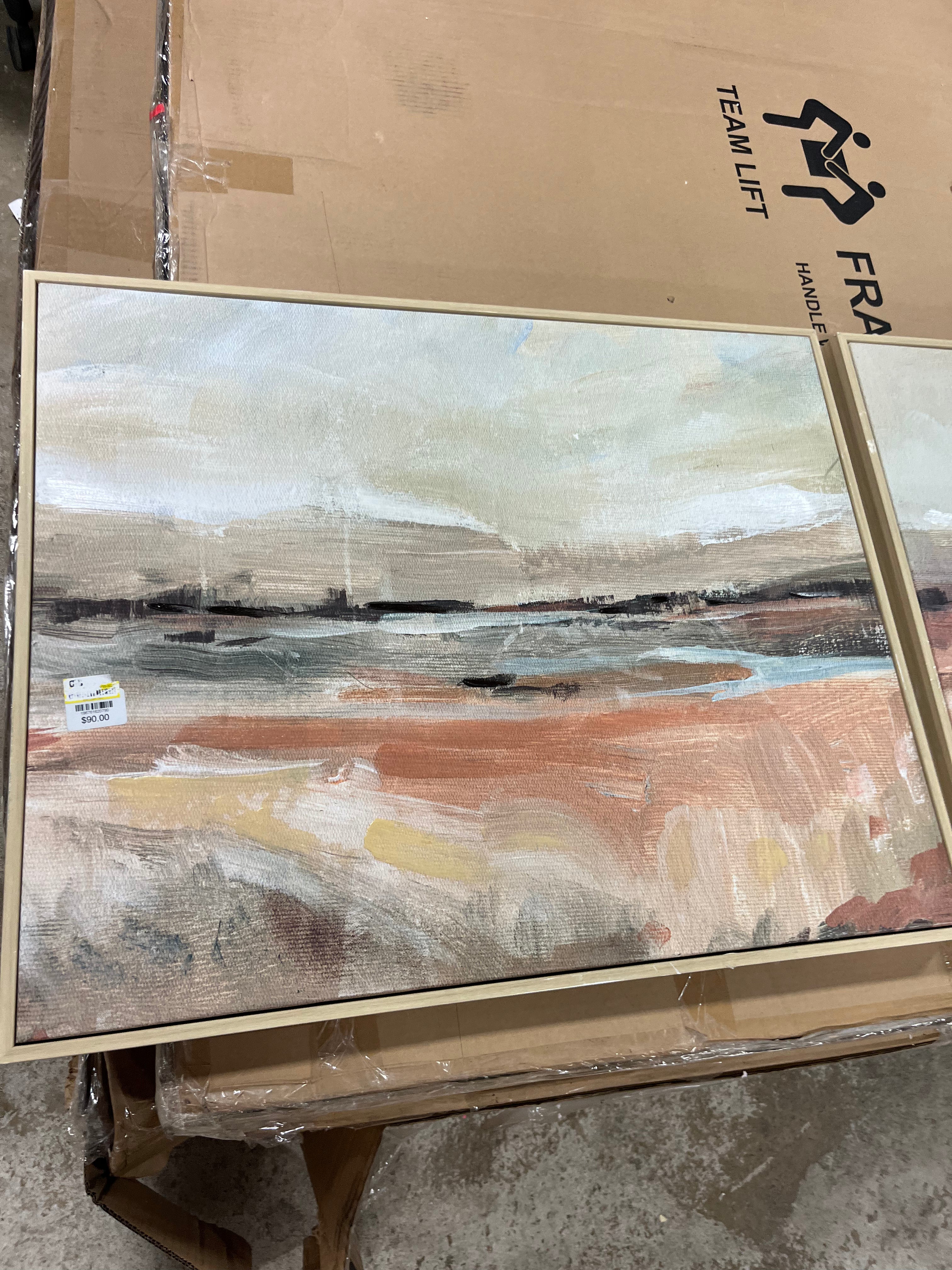 (Set of 2) Faded Landscape Framed Wall Canvases Natural: Polystyrene Frame, Blockprint Art