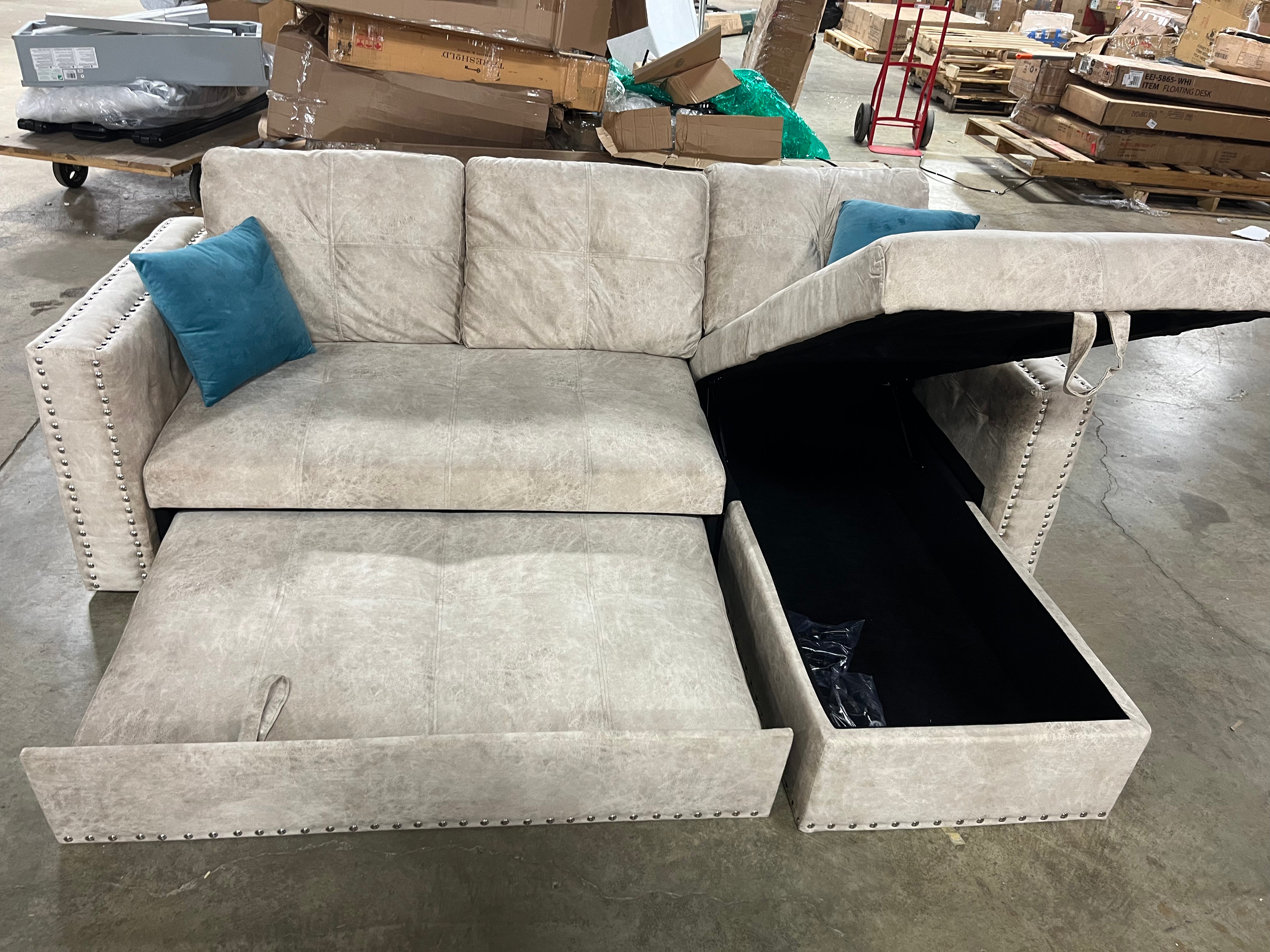 Beige Velvet Full 3 Seat Reversible Nailheaded Sleeper Sectional Sofa Bed with Storage