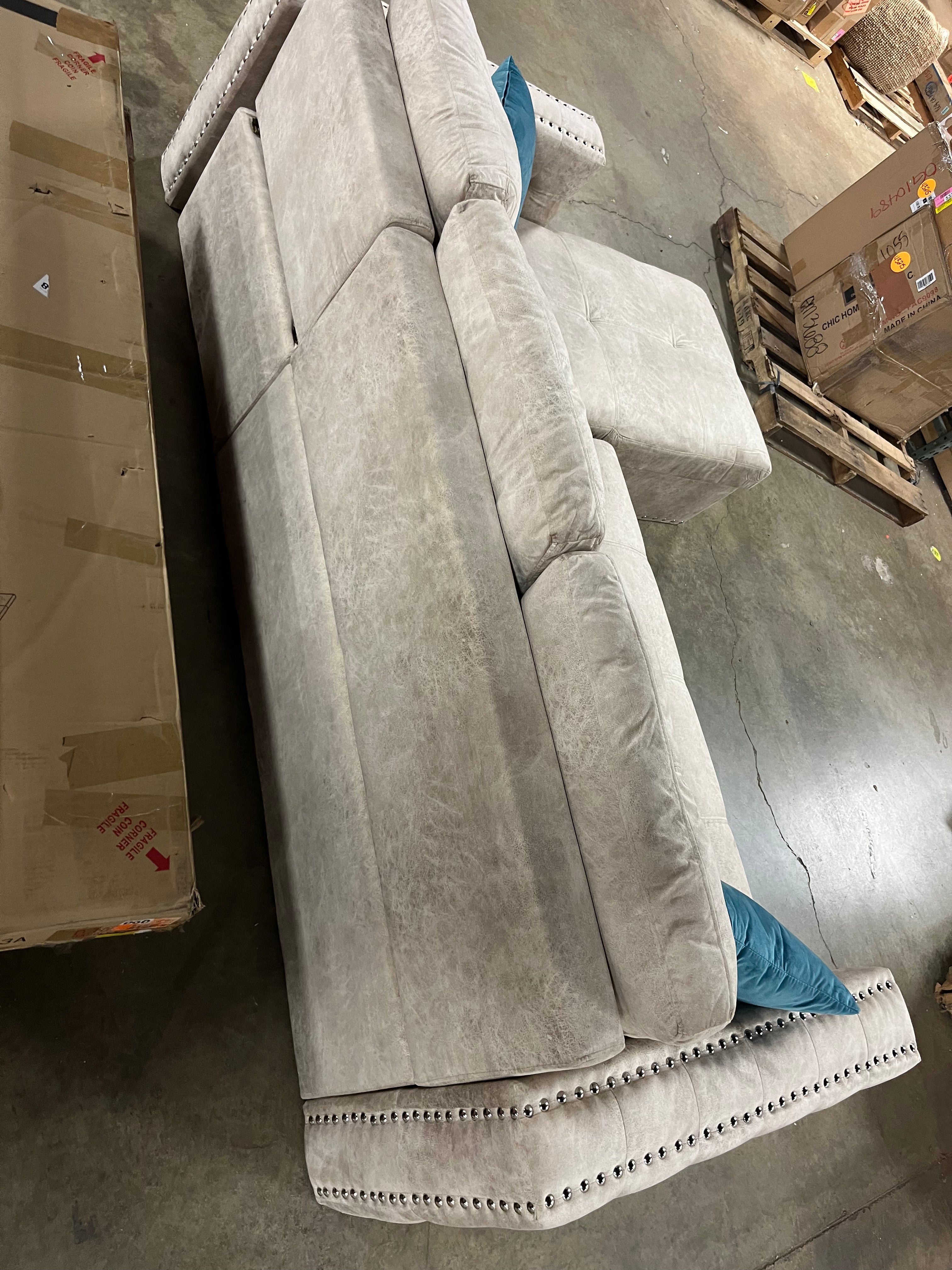 Beige Velvet Full 3 Seat Reversible Nailheaded Sleeper Sectional Sofa Bed with Storage