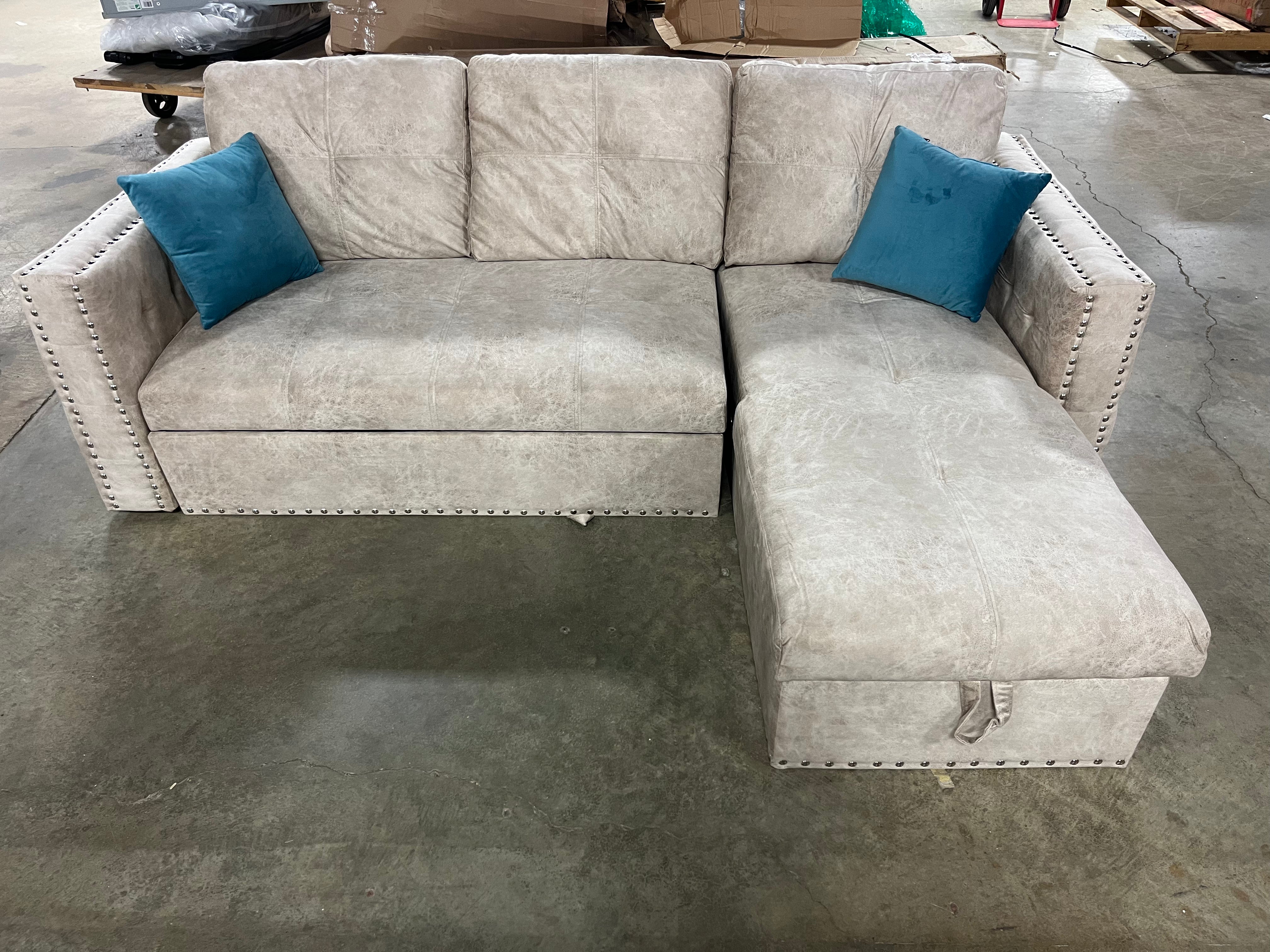 Beige Velvet Full 3 Seat Reversible Nailheaded Sleeper Sectional Sofa Bed with Storage